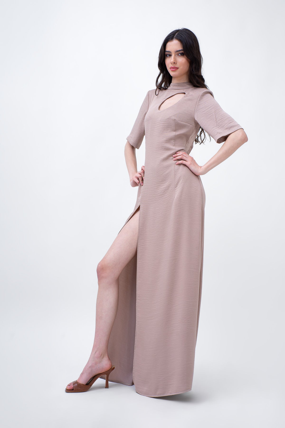 Beige Maxi Dress With Cut-Out And Slit