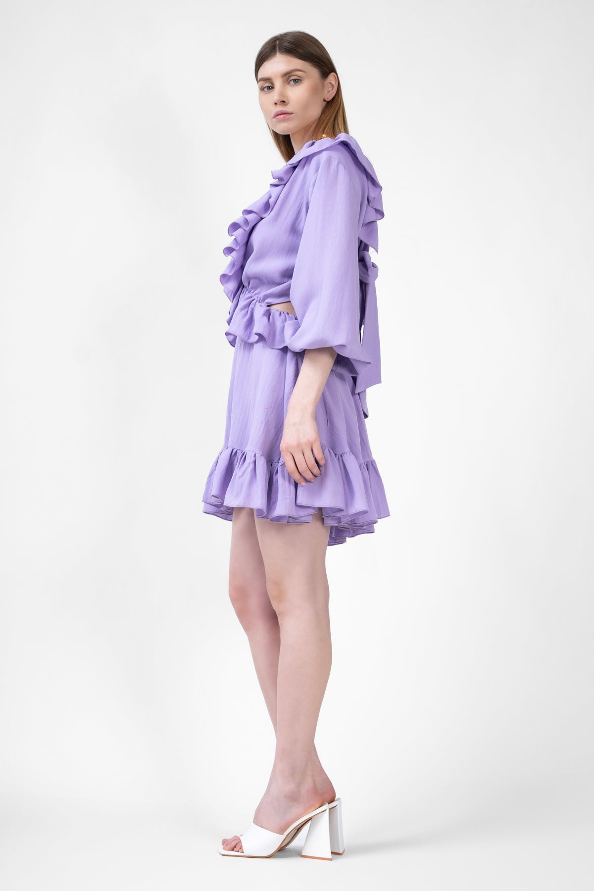 Rochie mini lila cu volane