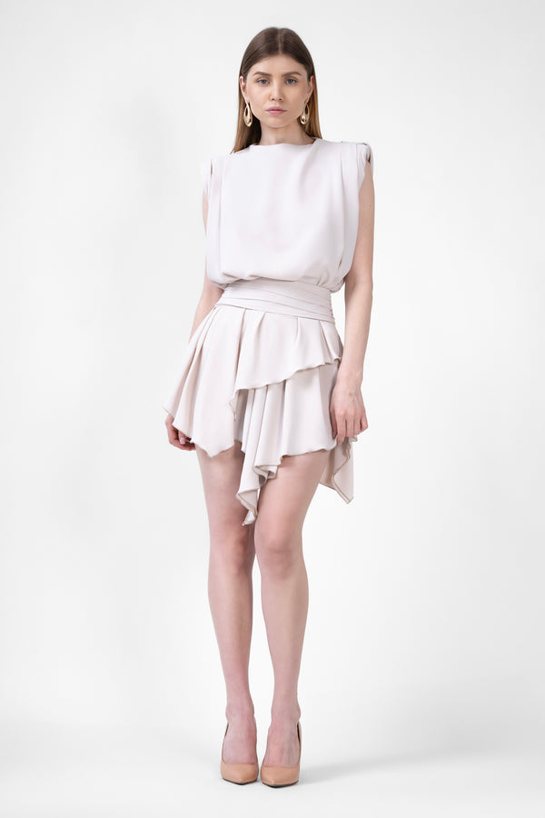 Beige Matching Set With Draped Top And Asymmetrical Skirt