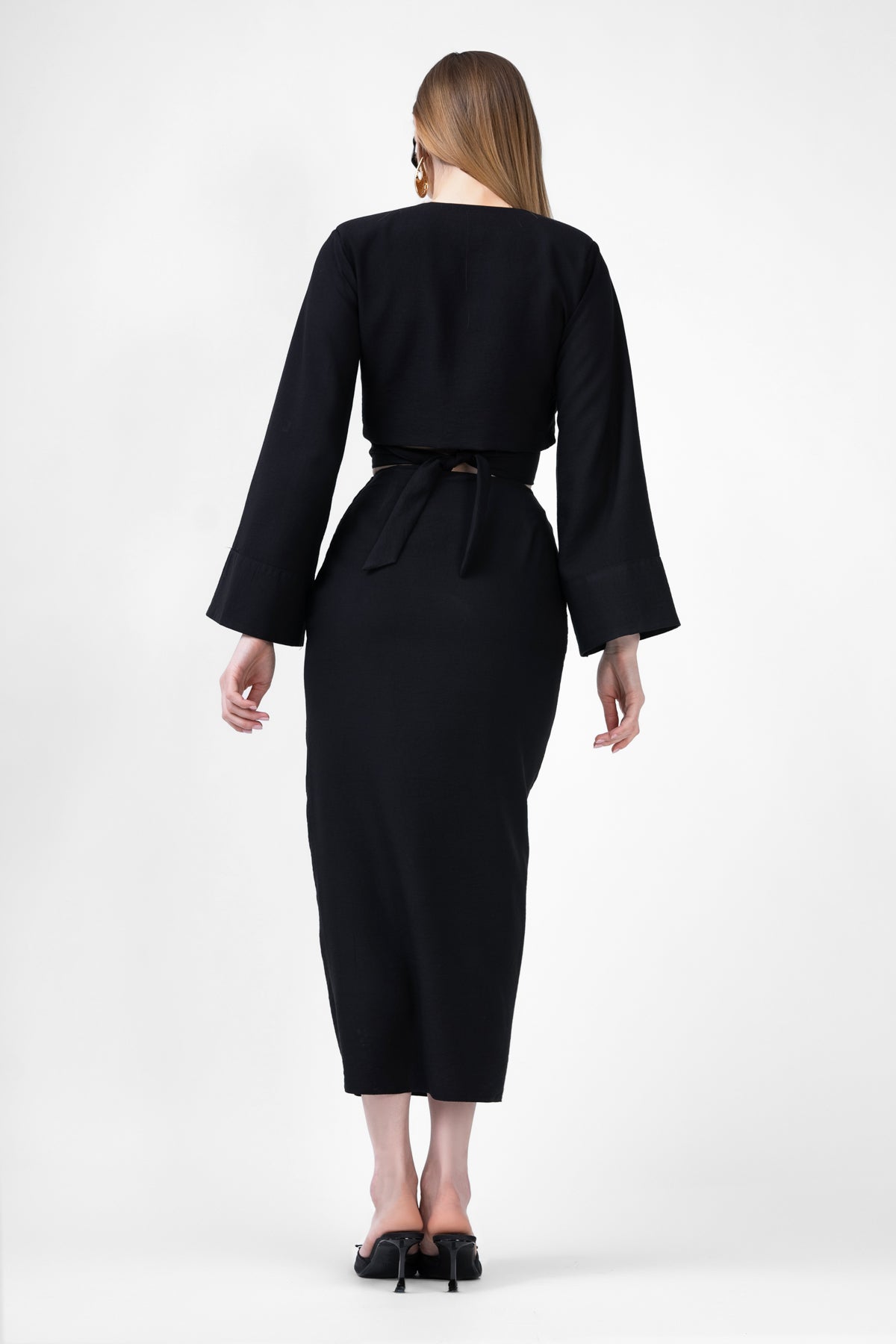 Black Matching Set With Top And Midi Skirt