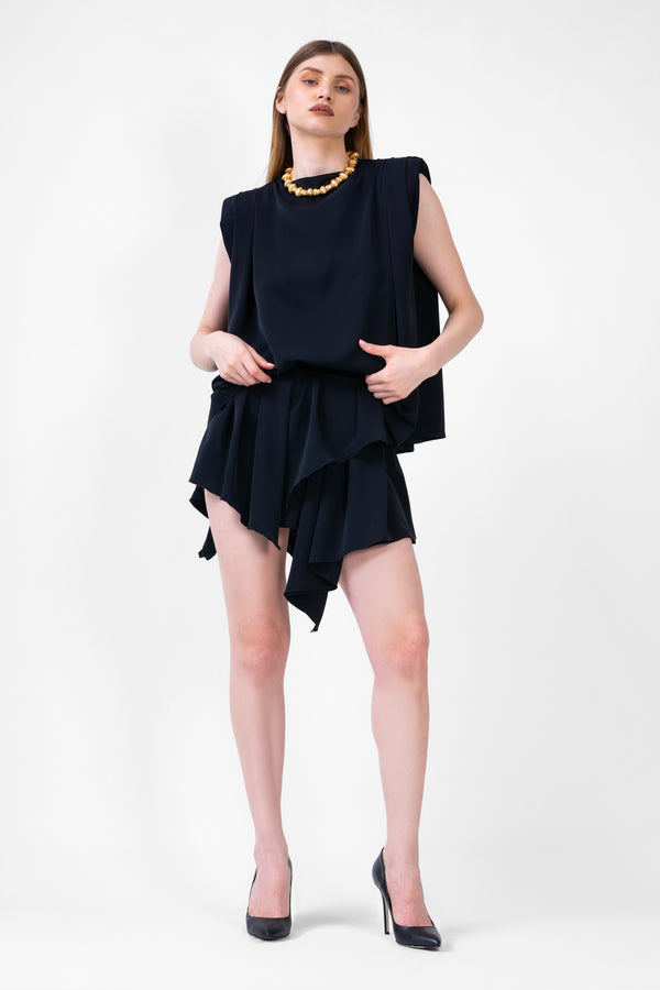 Black Matching Set With Draped Top And Asymmetrical Skirt