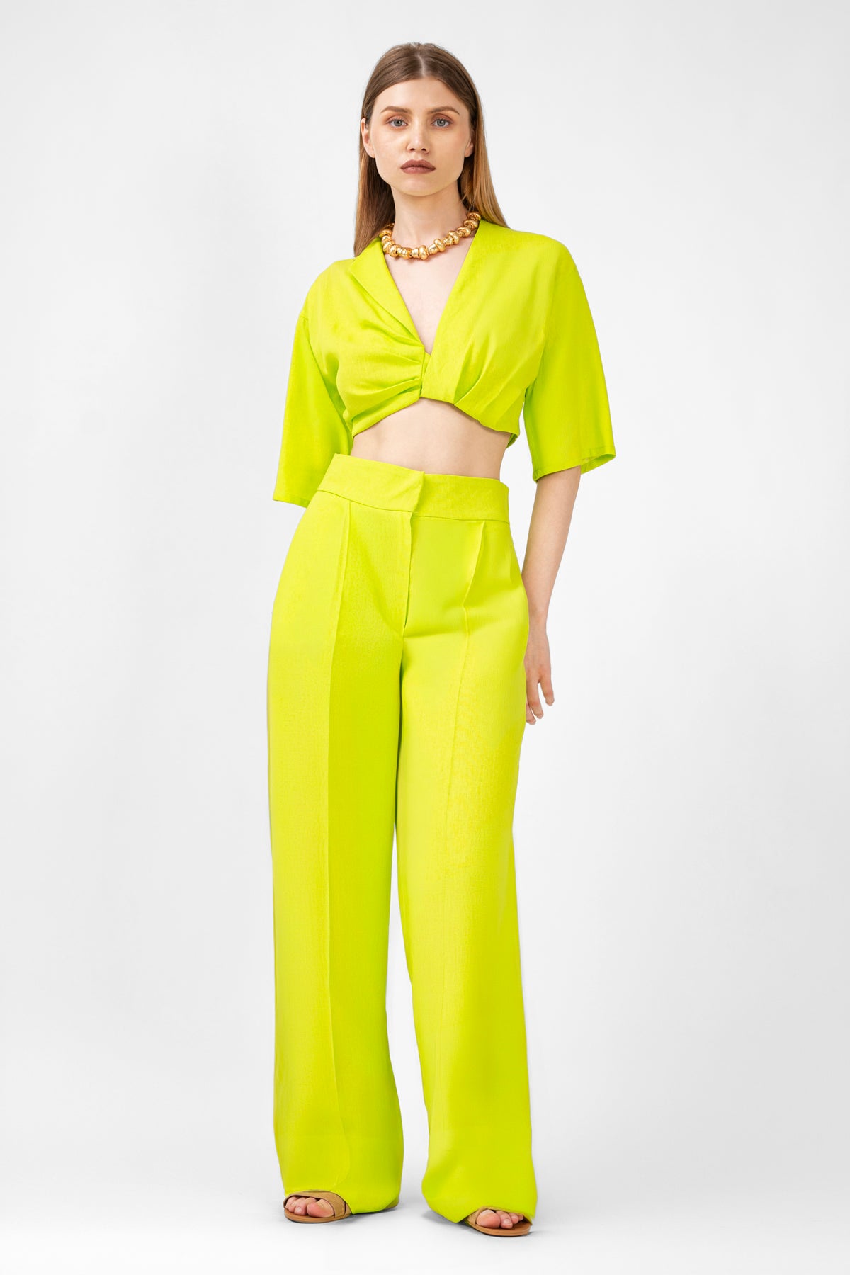 Neon Green Matching Set With Cropped Shirt And Staight Trousers