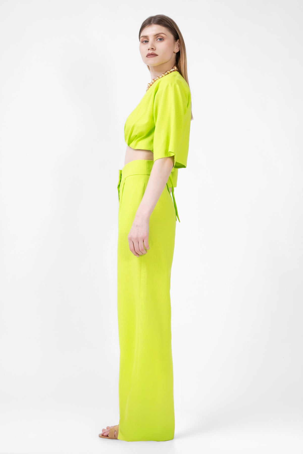 Neon Green Matching Set With Cropped Shirt And Staight Trousers