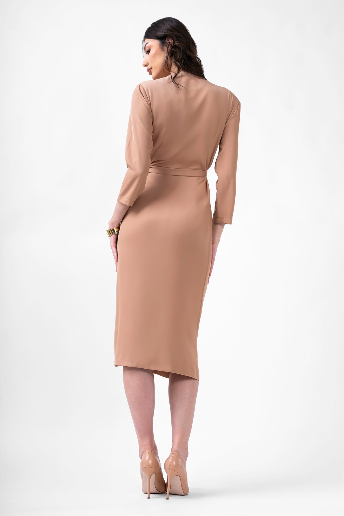 Beige Midi Dress With Pleats And Belt