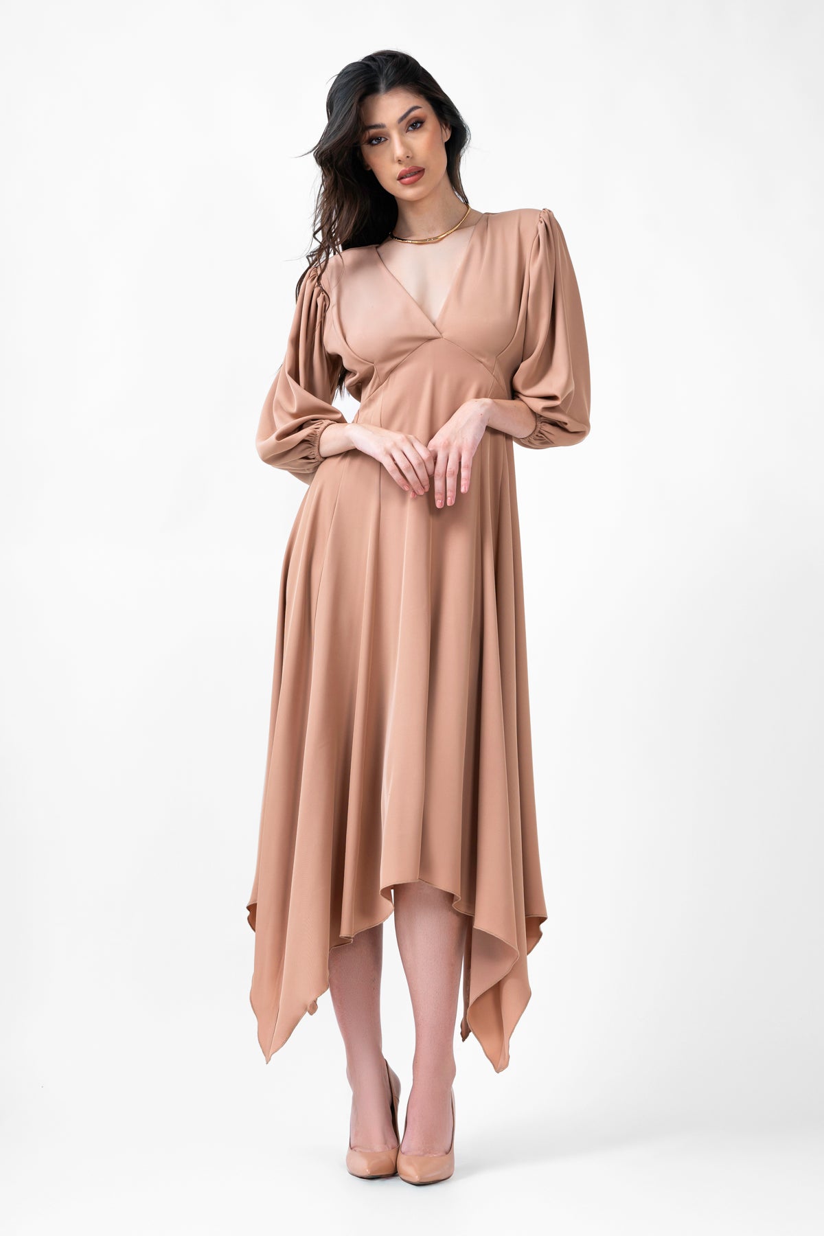 Women Beige Midi Flared Dress
