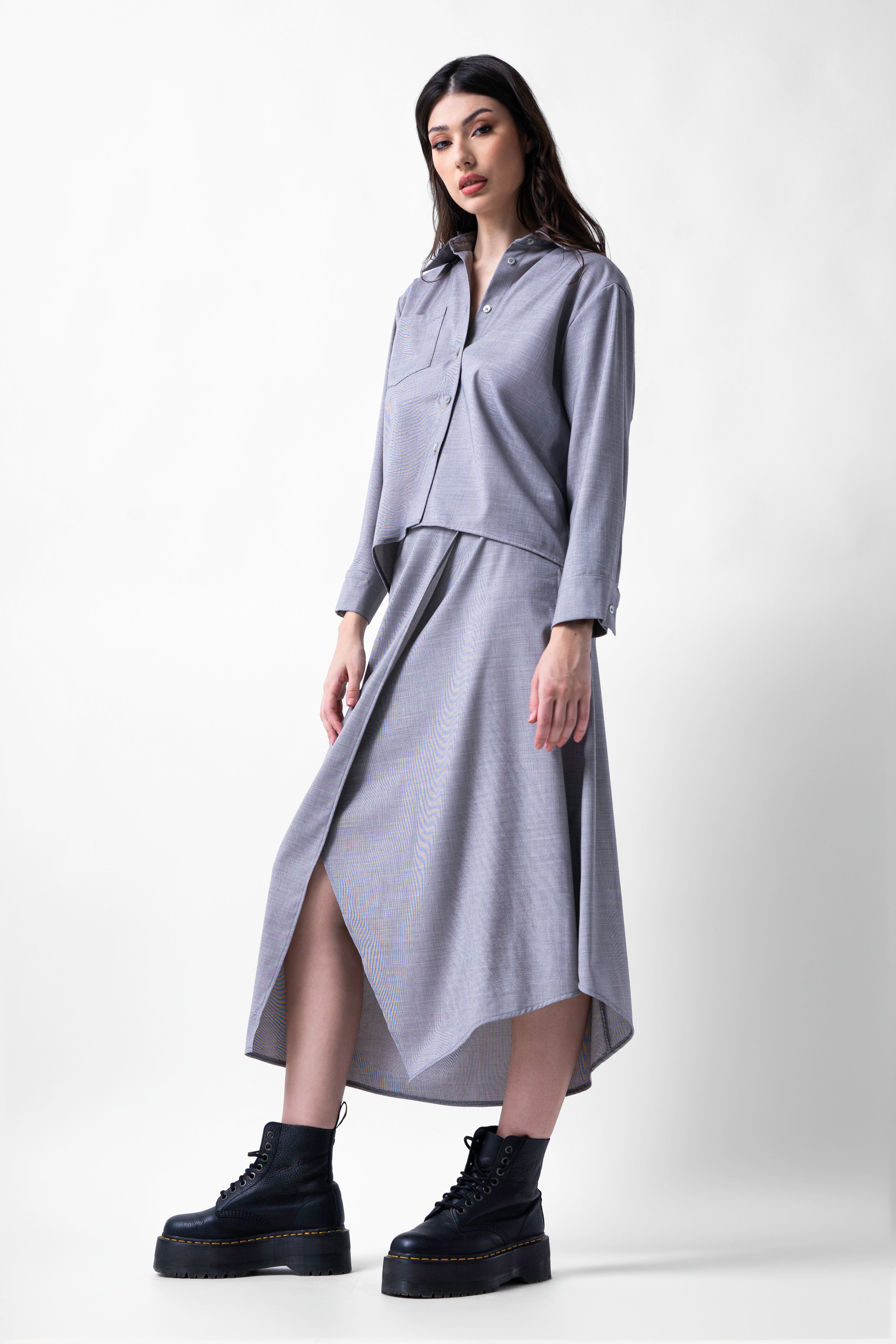 Grey Set With Blouse And Midi Skirt