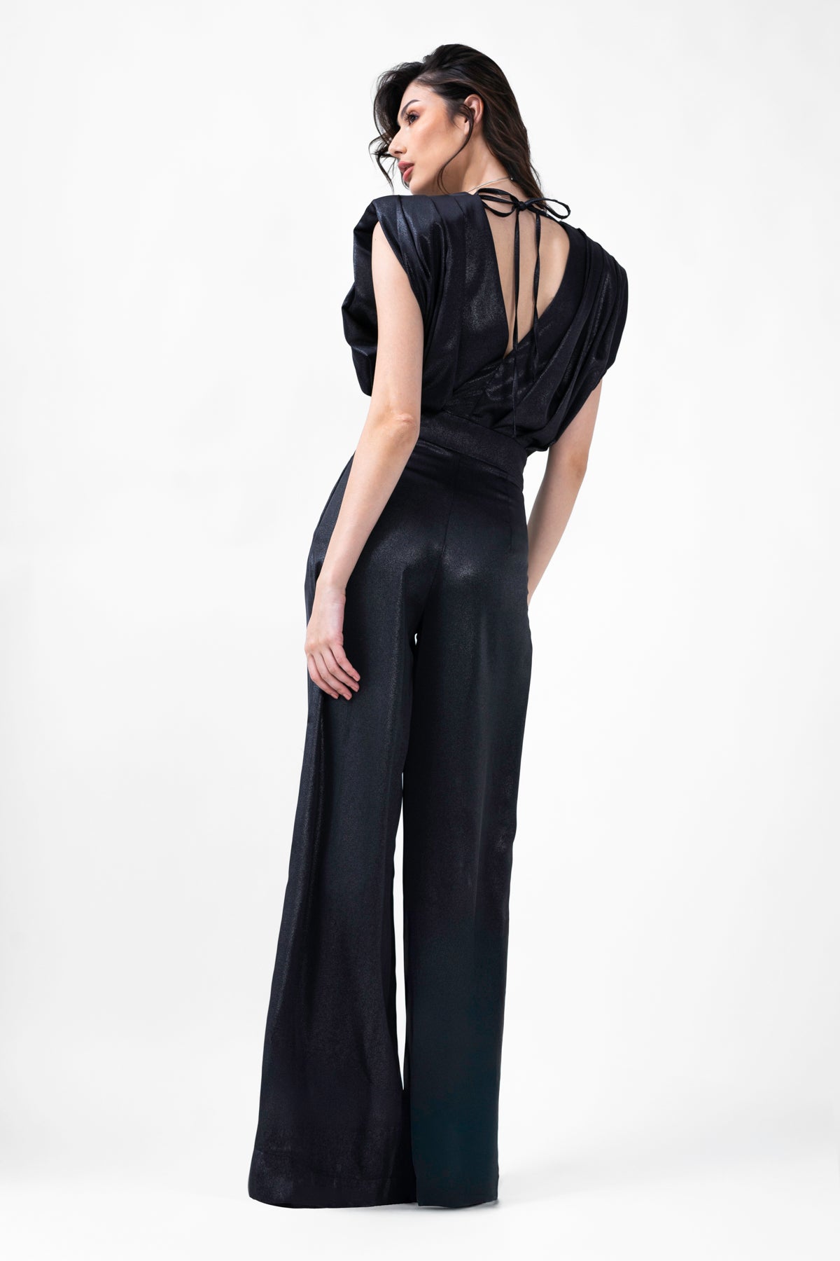 Black Maxi Jumpsuit With Silver Inserts And Draped Bodice