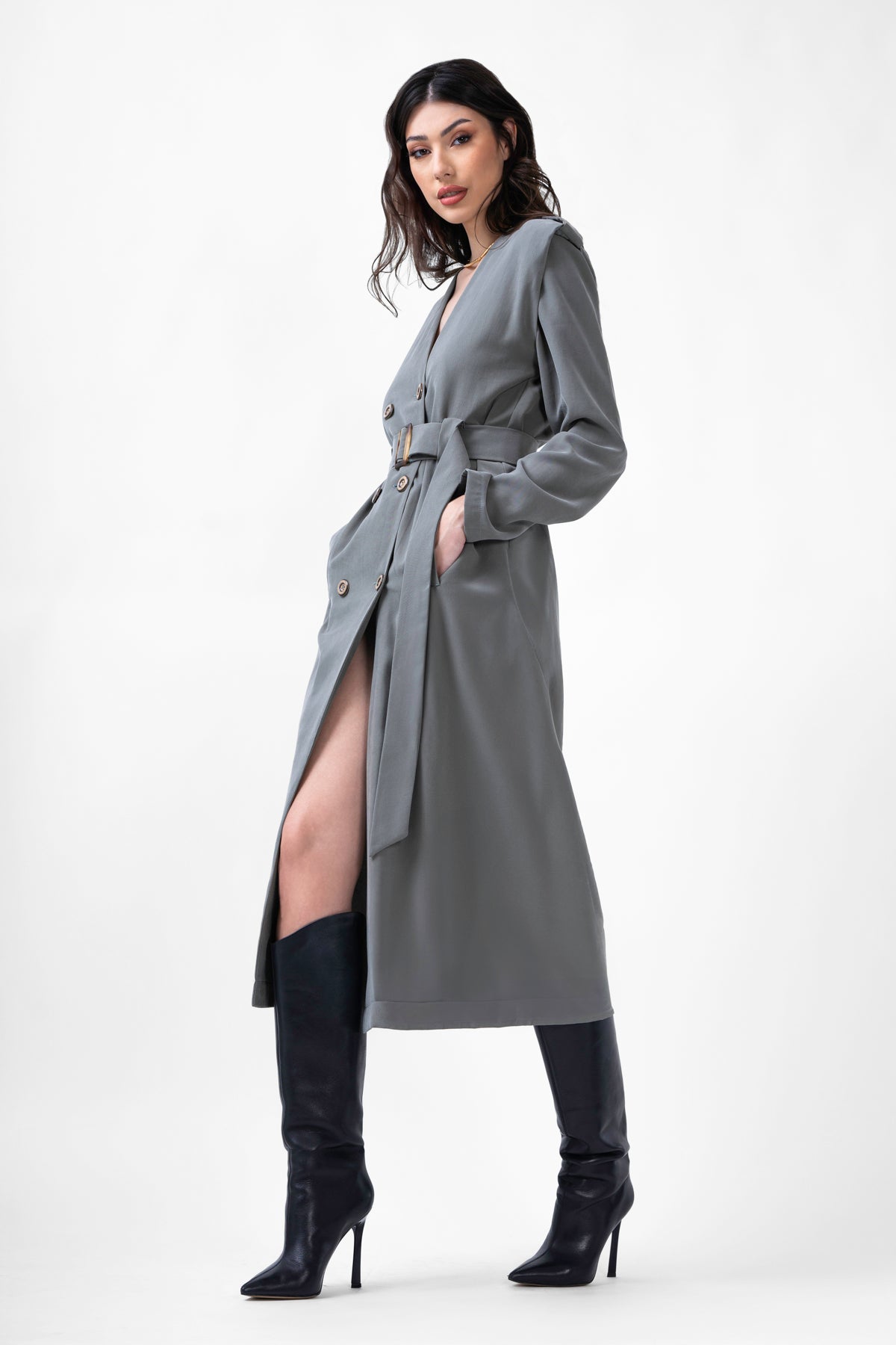 Grey Midi Trench Dress