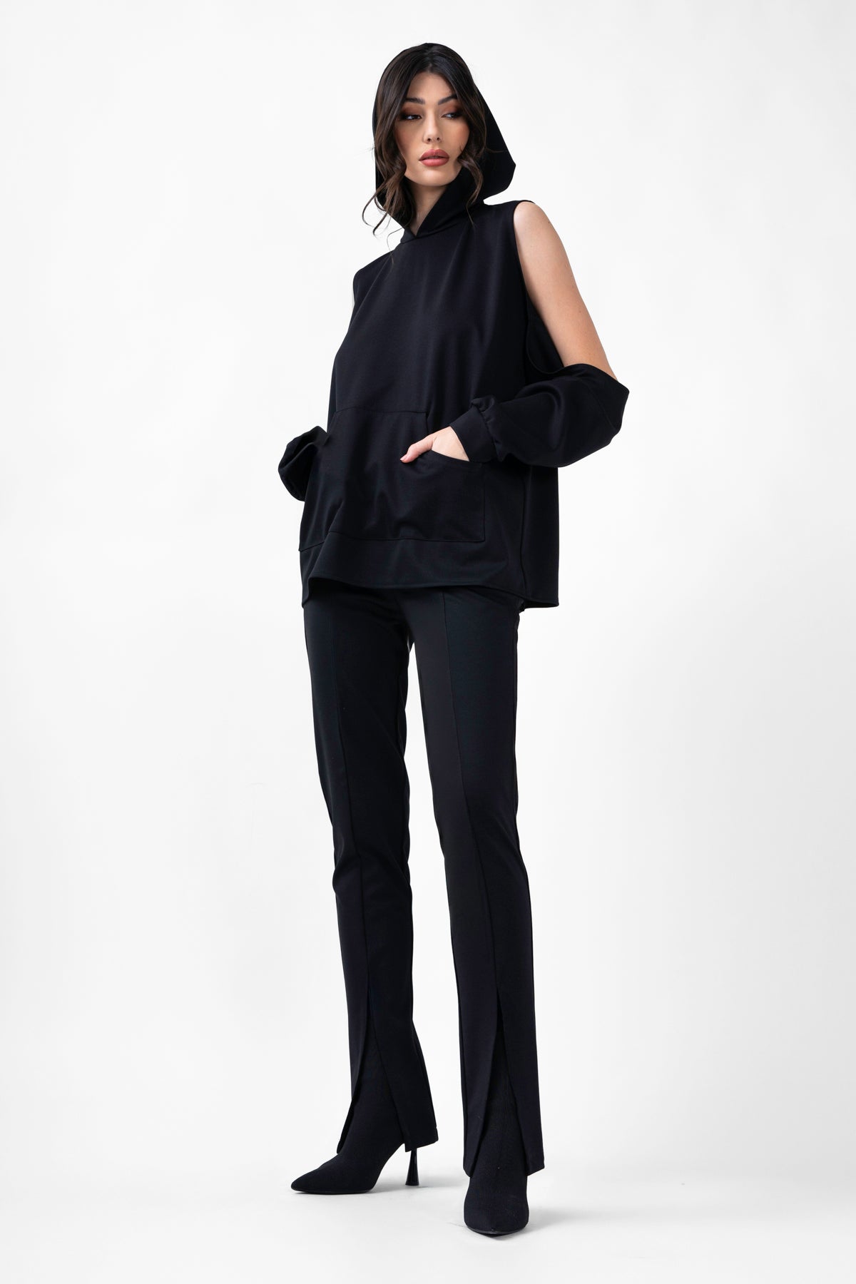 Black Set With Deconstructed Hoodie And Slim Fit Trousers