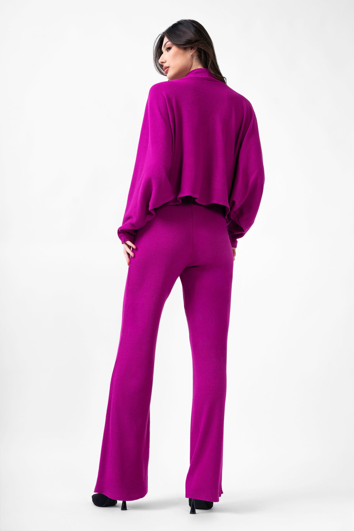 Fuchsia Knitted Set With Blouse And Wide Leg Trousers