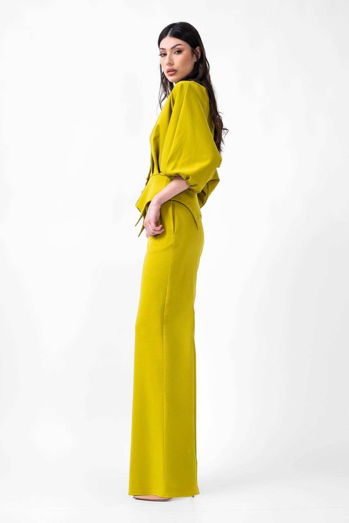 Set lime cu bluza cu maneci bufante si pantaloni wide leg