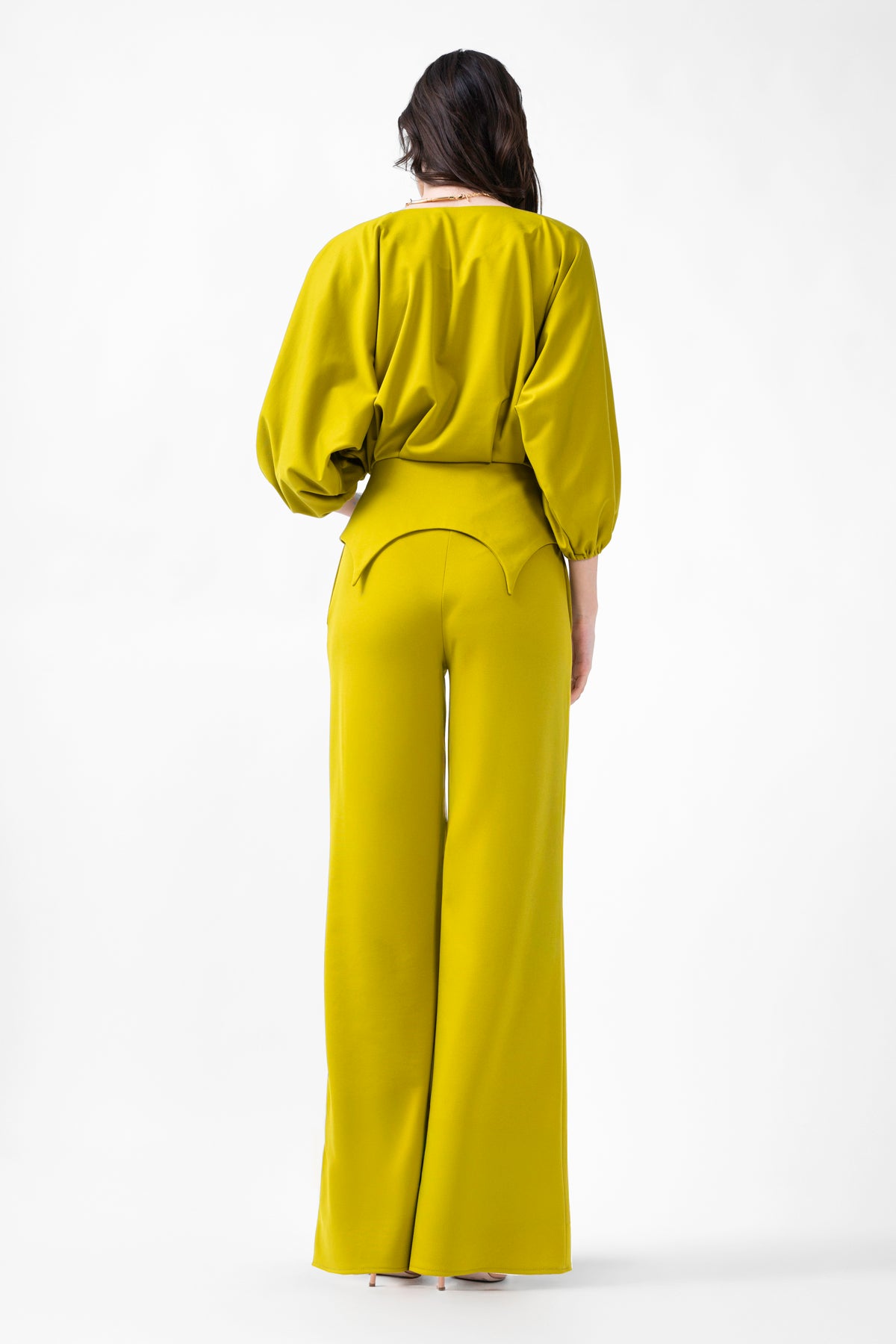 Lime Set With Blouse With Puffed Sleeves And Wide Leg Trousers