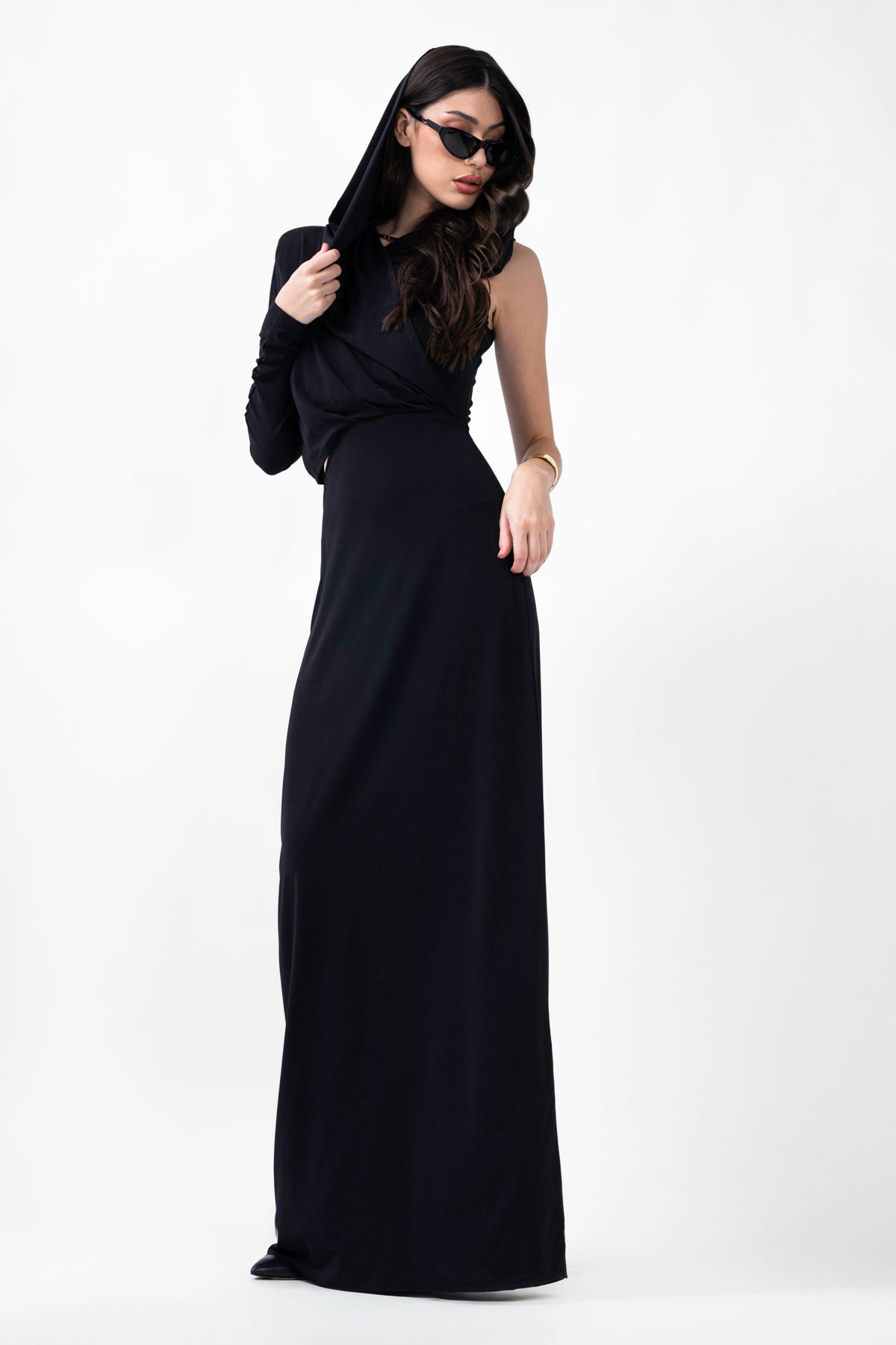 Black Draped Dress With Hood