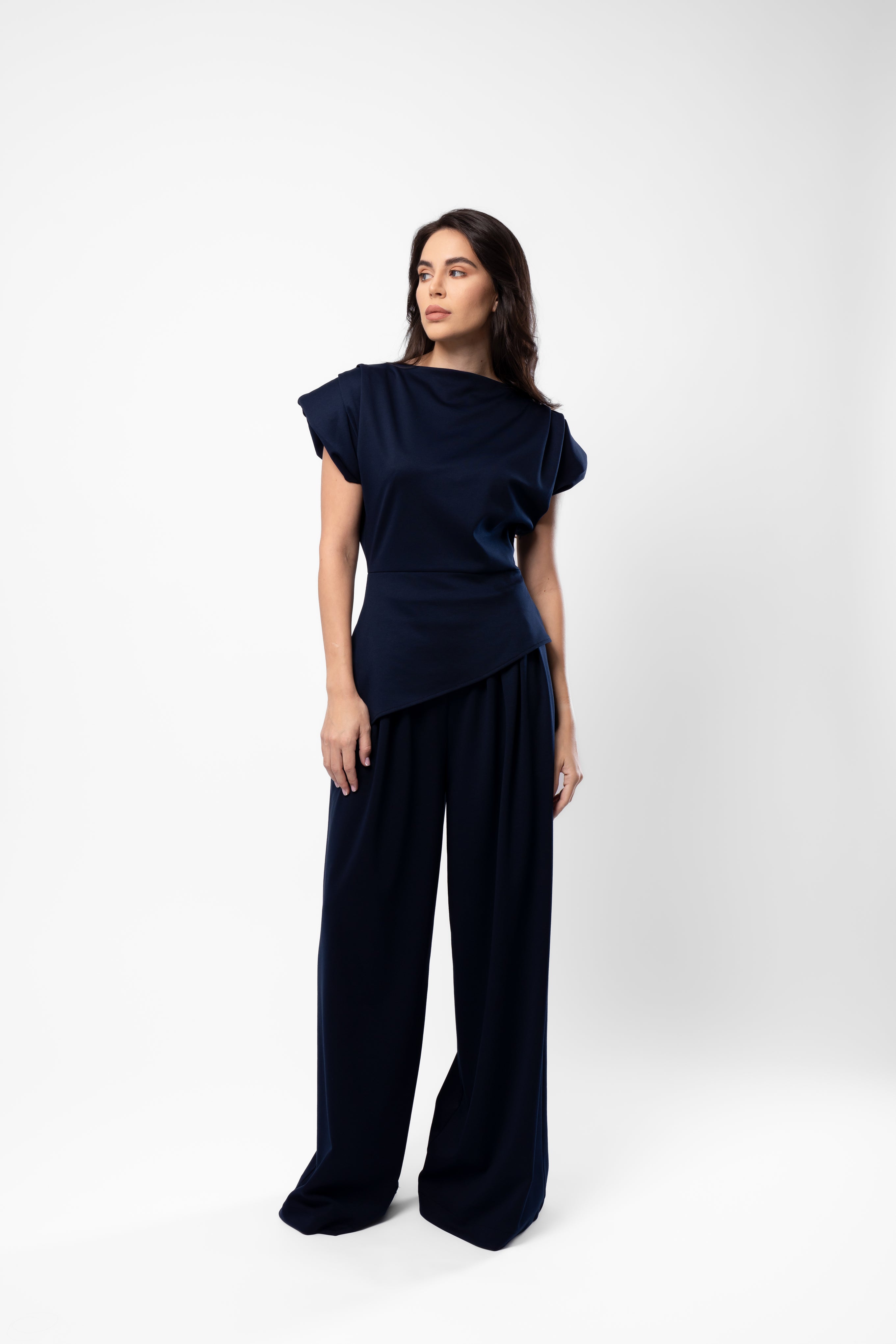 Navy Blue Set with Structured Shoulder Top and Palazzo Pants
