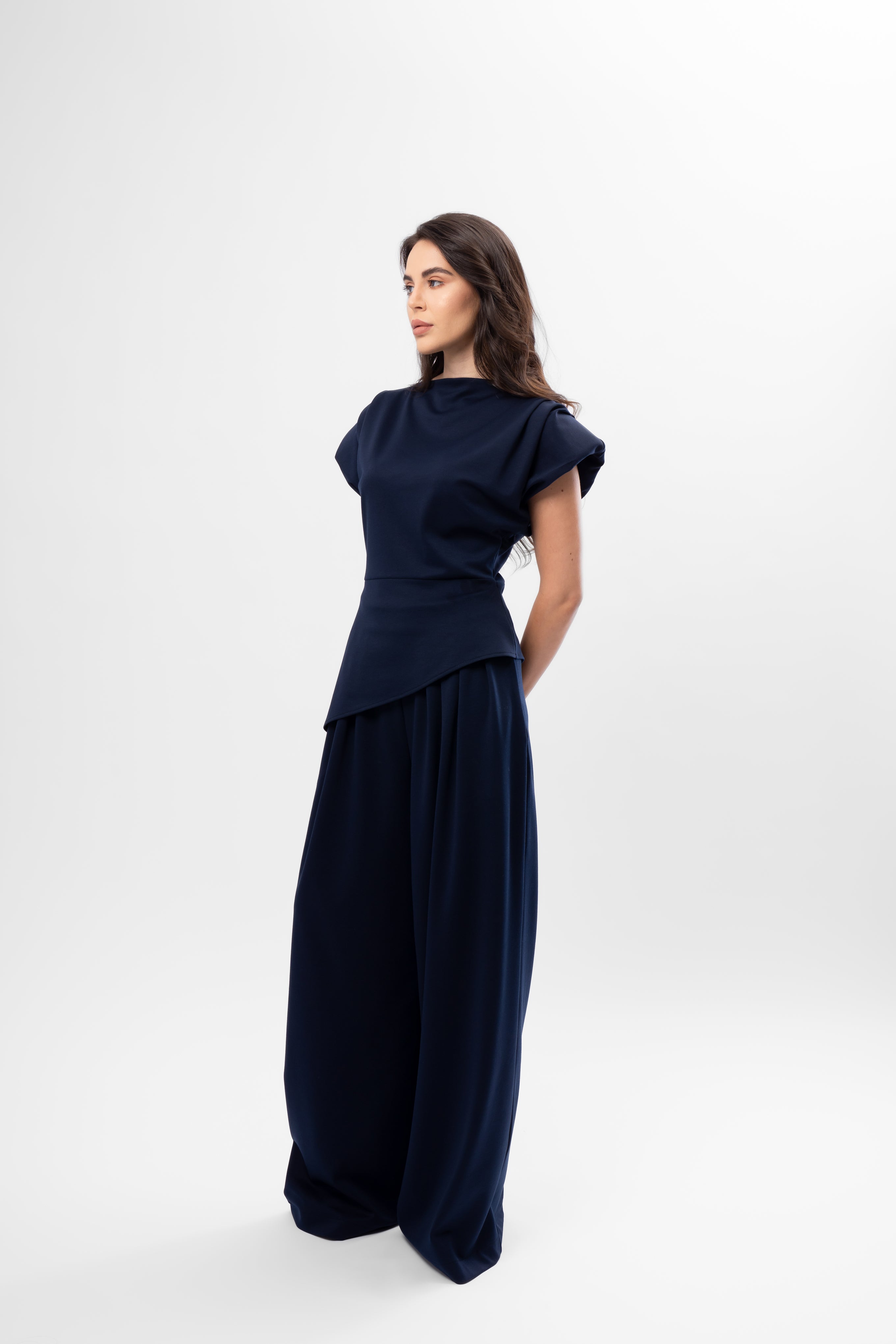 Navy Blue Set with Structured Shoulder Top and Palazzo Pants