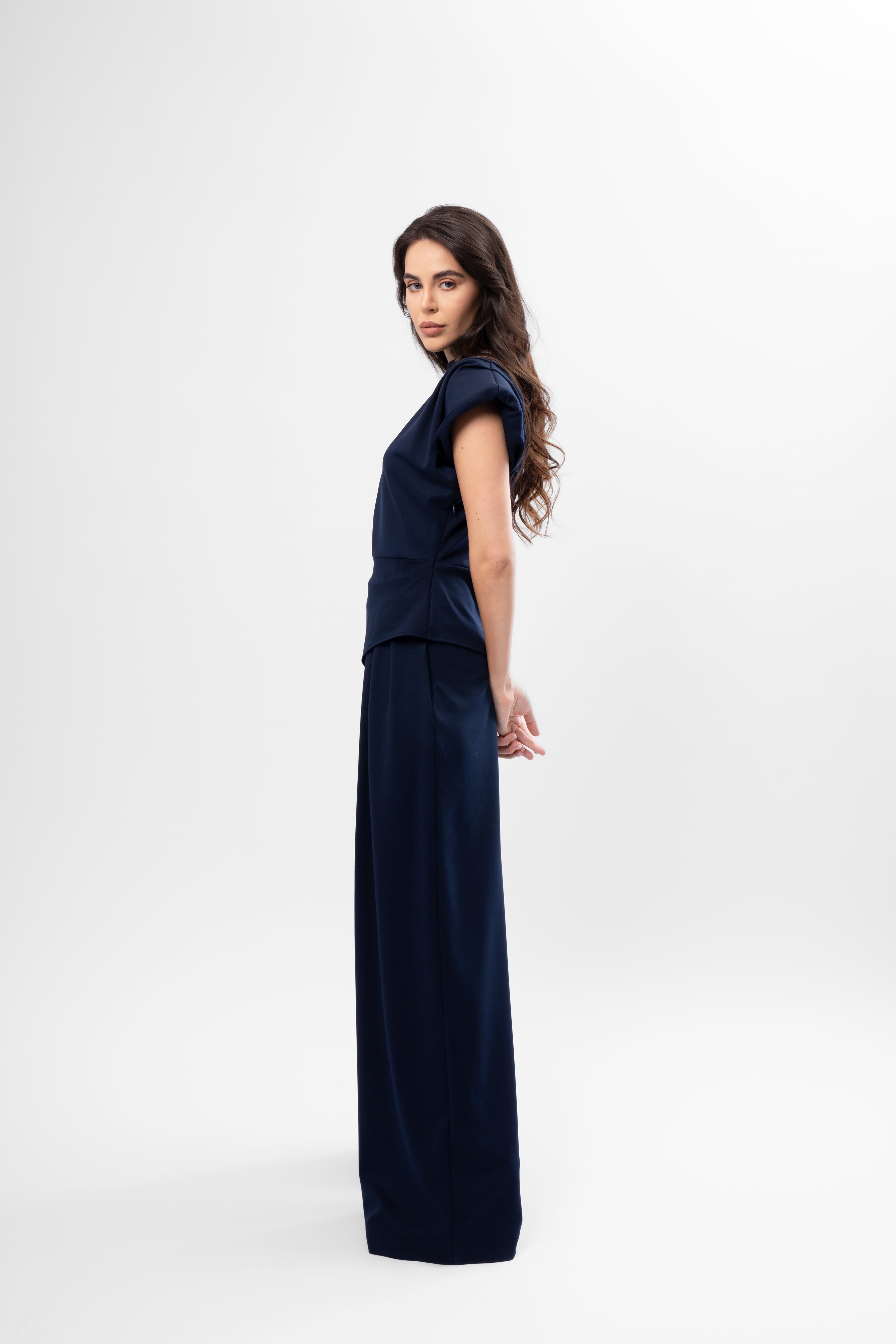 Navy Blue Set with Structured Shoulder Top and Palazzo Pants