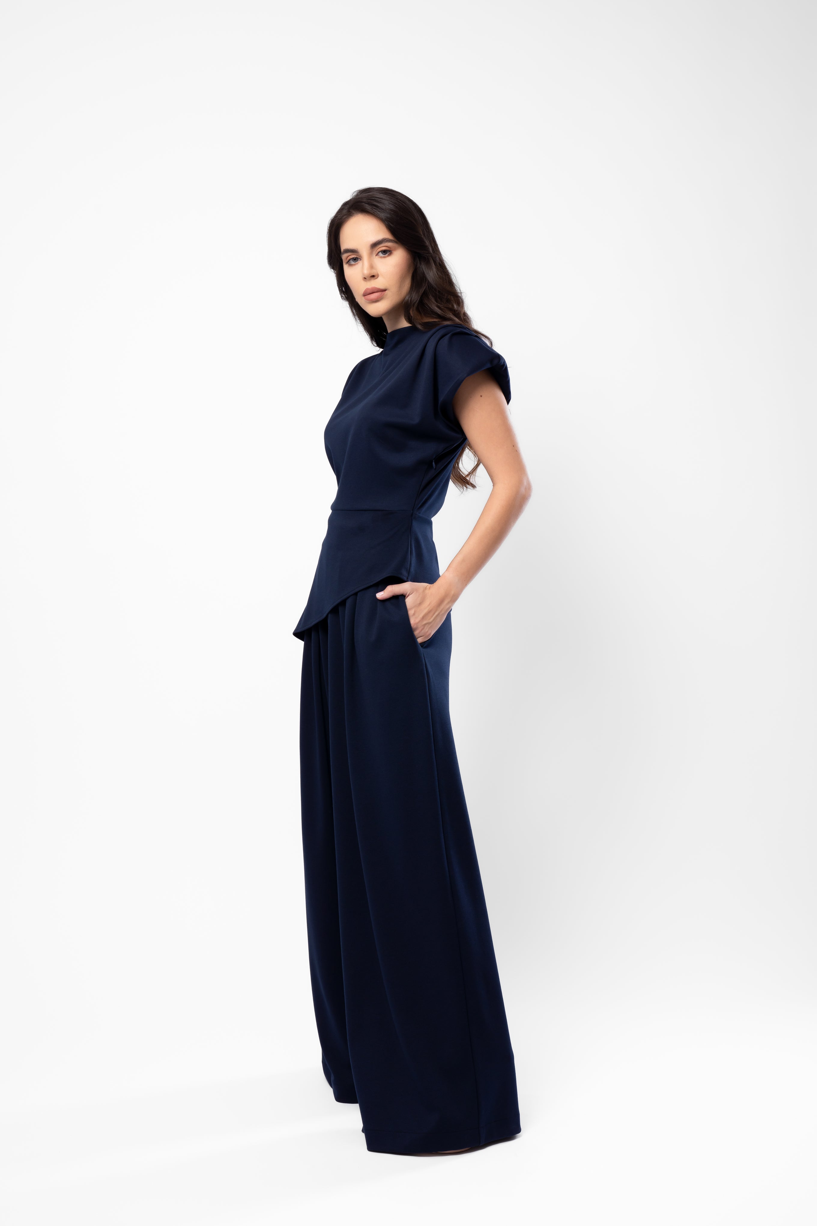 Navy Blue Set with Structured Shoulder Top and Palazzo Pants
