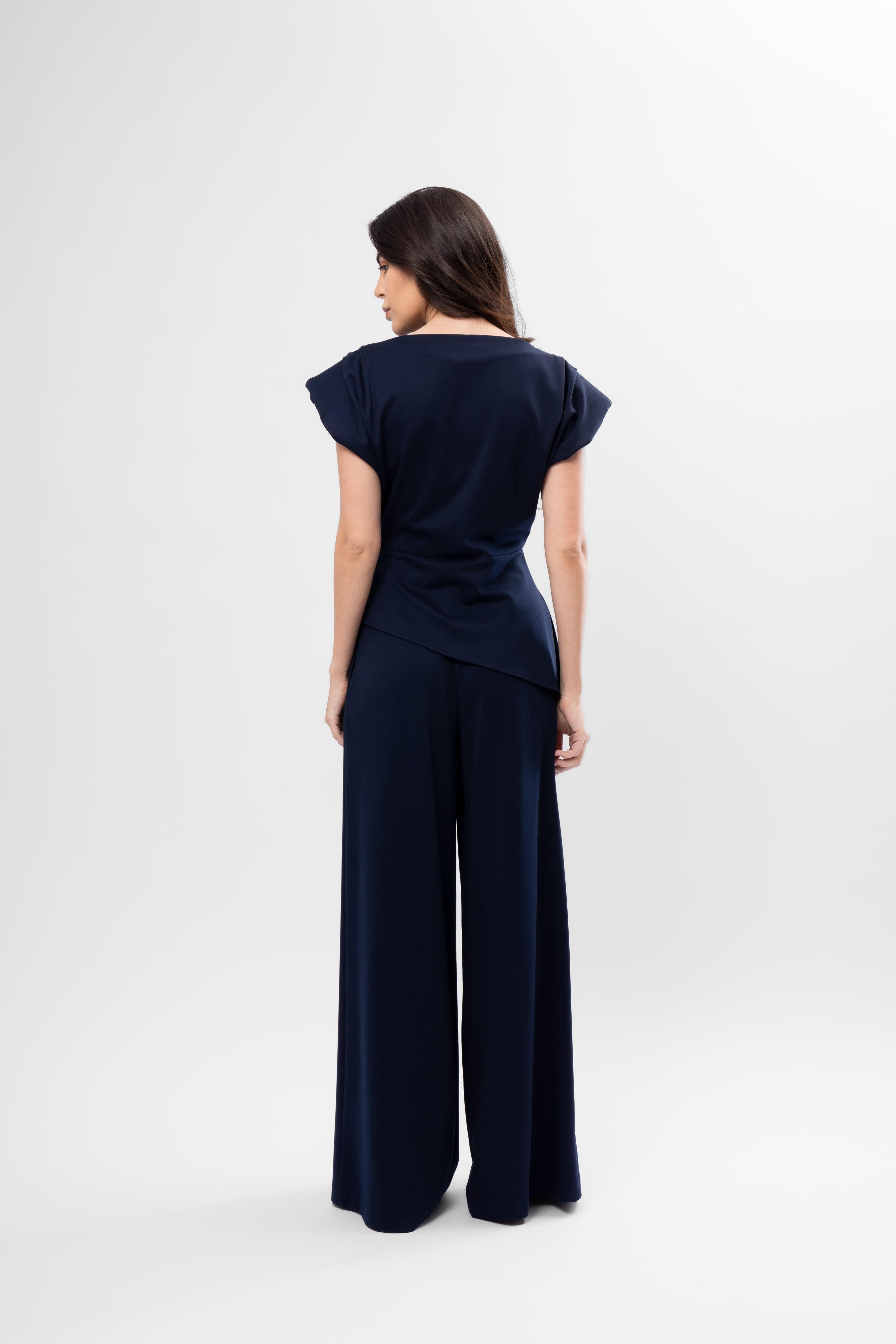 Navy Blue Set with Structured Shoulder Top and Palazzo Pants