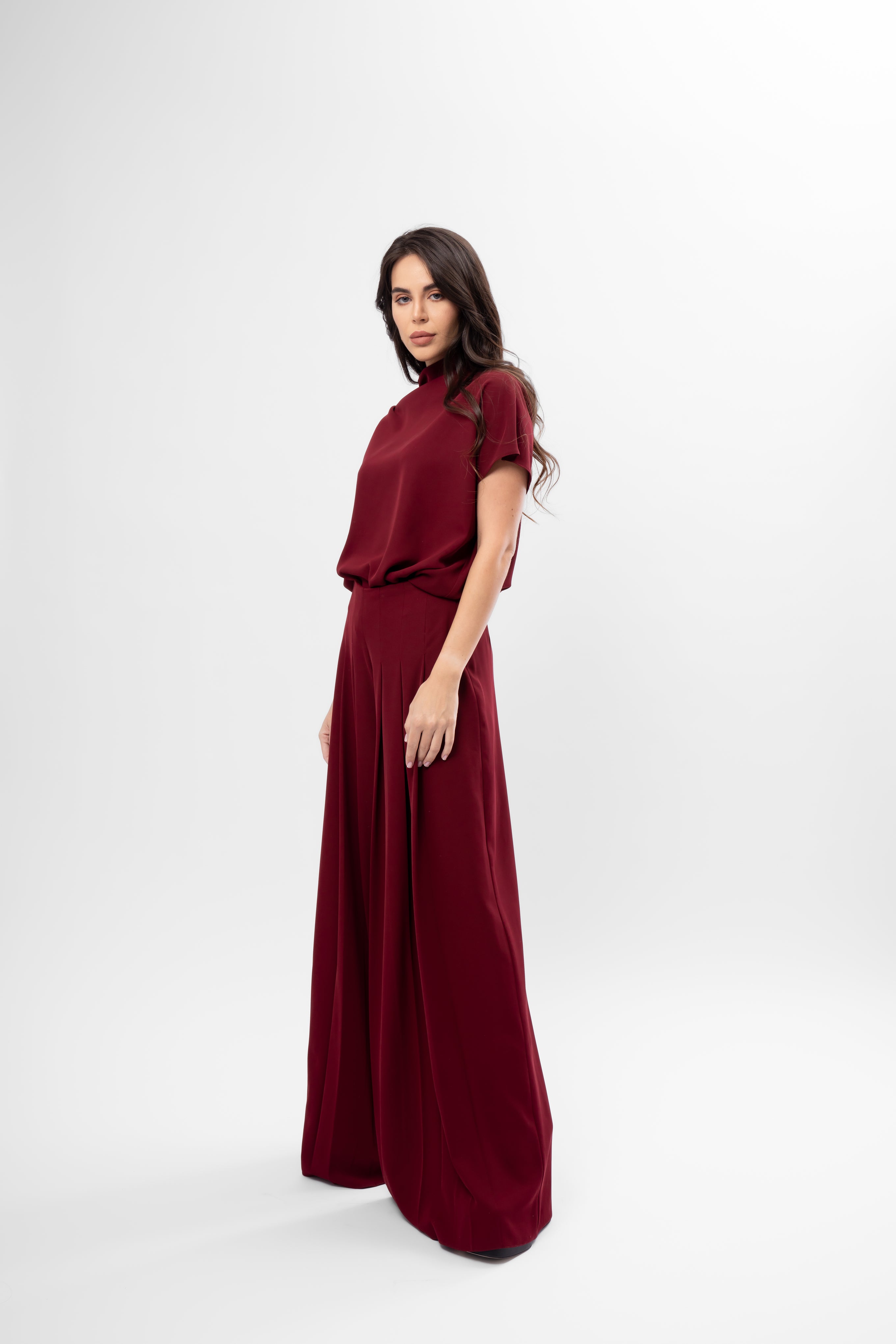 Burgundy Draped Top and Pleated Pants Set