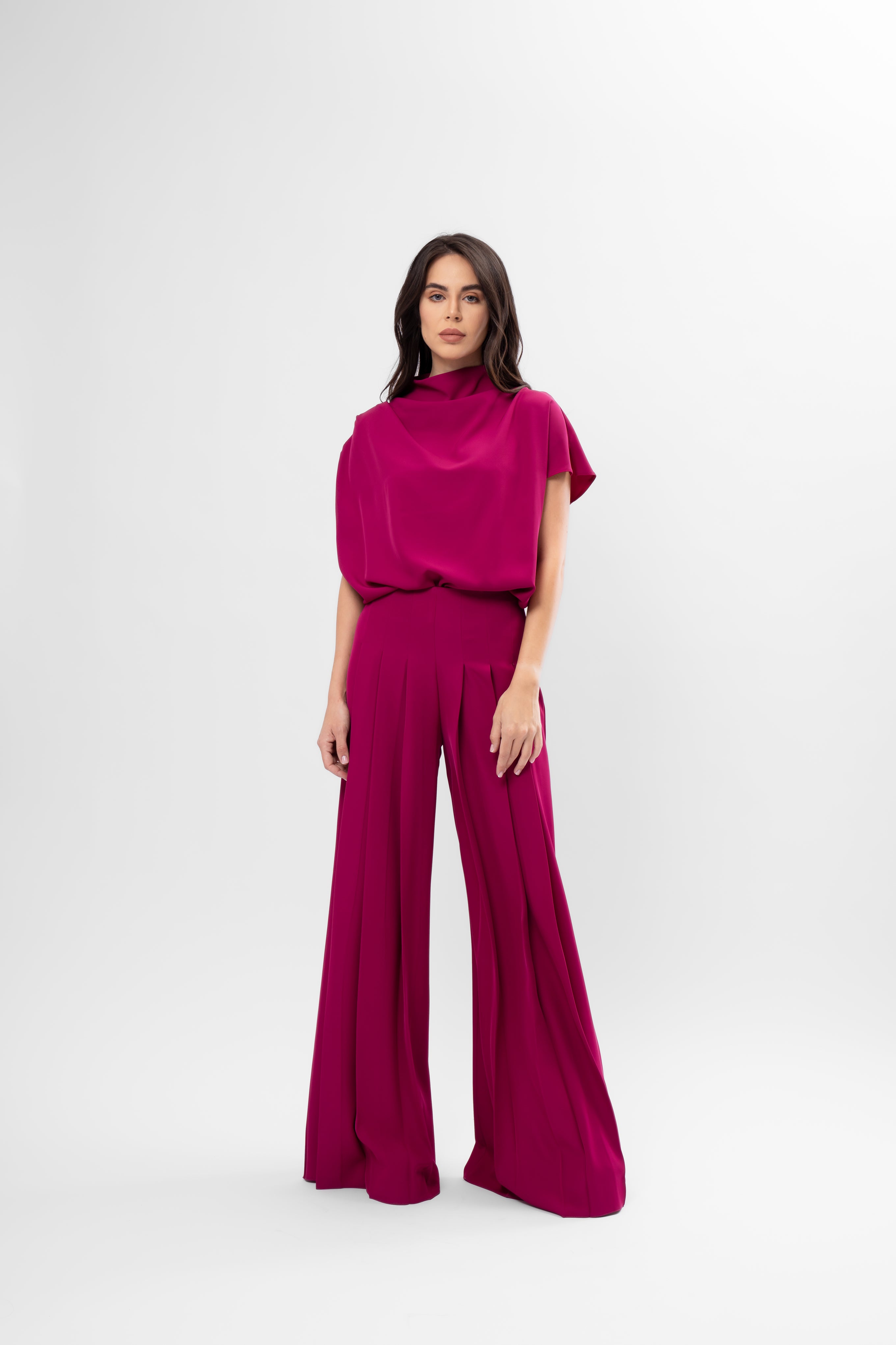 Fucsia Draped Top and Pleated Pants Set