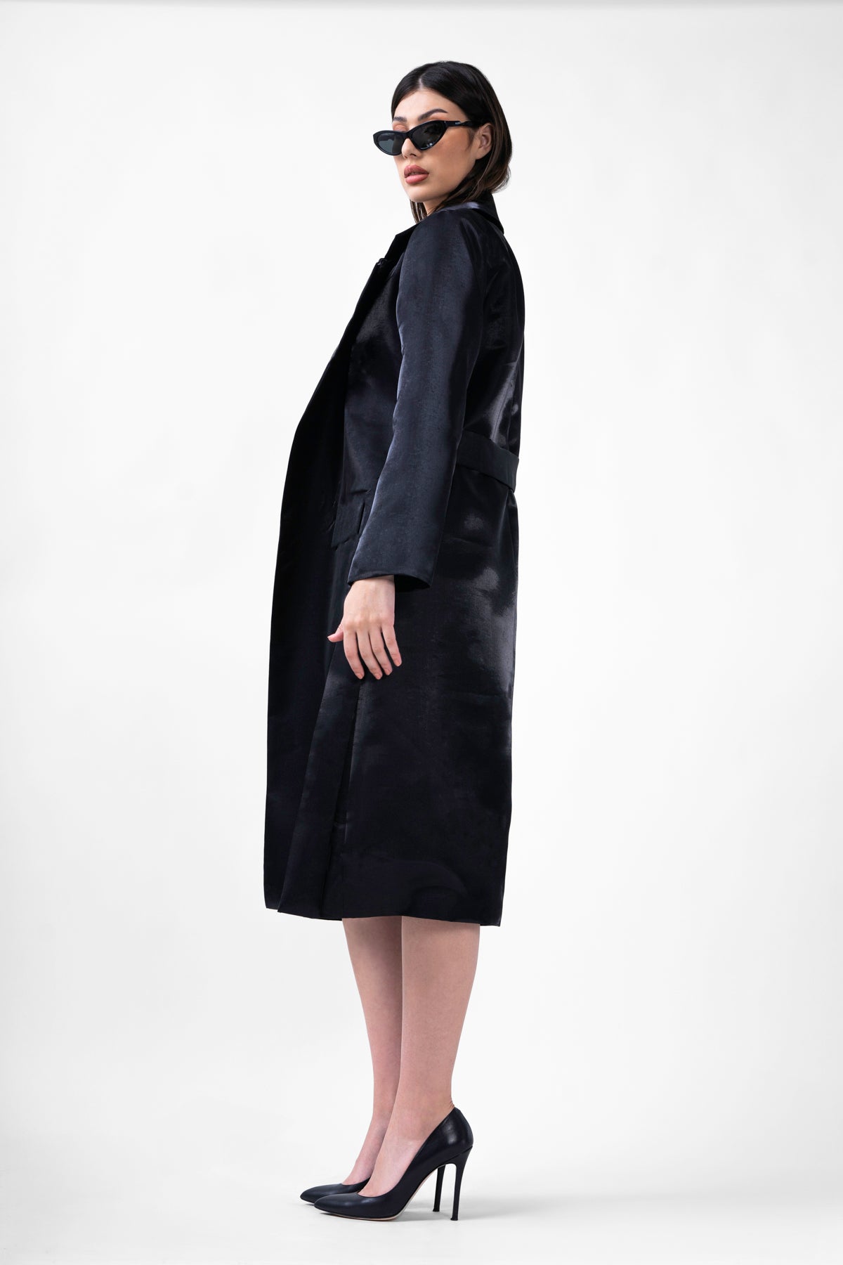 Metallic Black Straight Overcoat With Belt