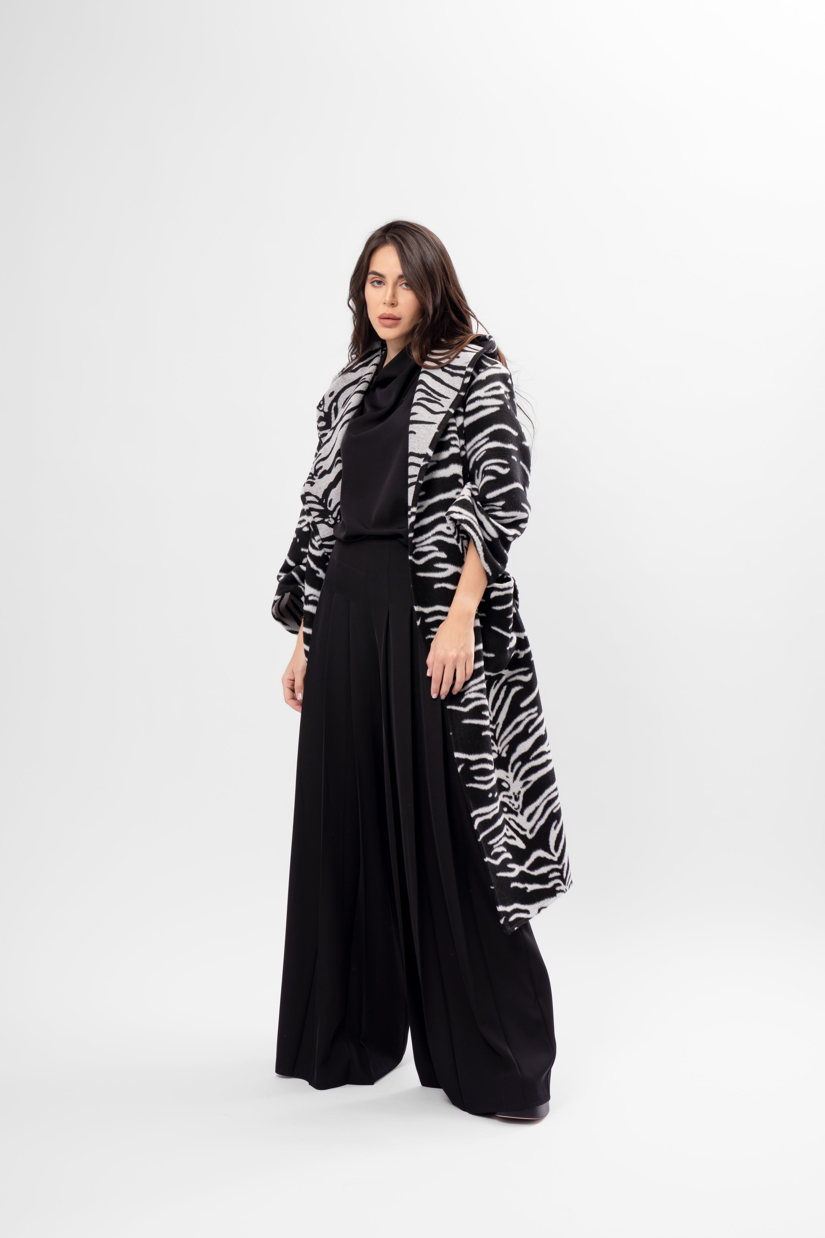 Long Hooded Coat with Zebra Print