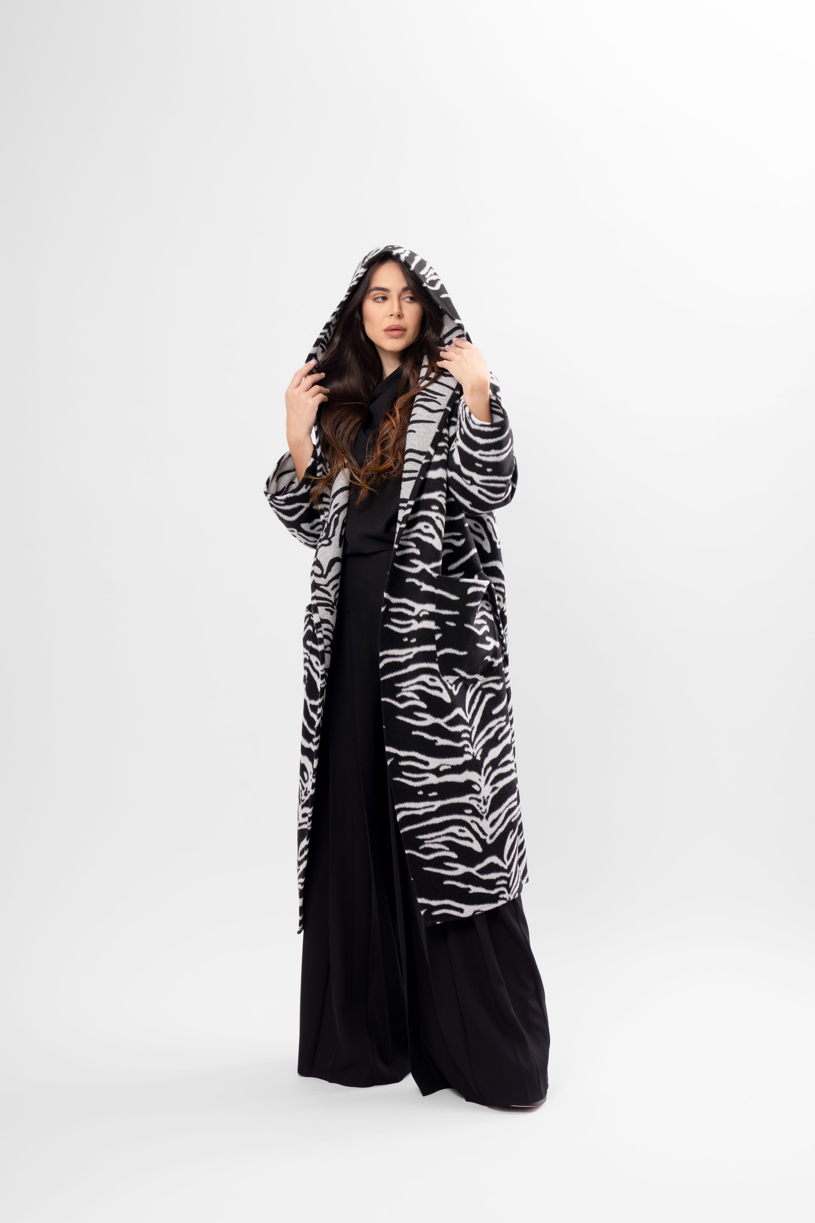 Long Hooded Coat with Zebra Print