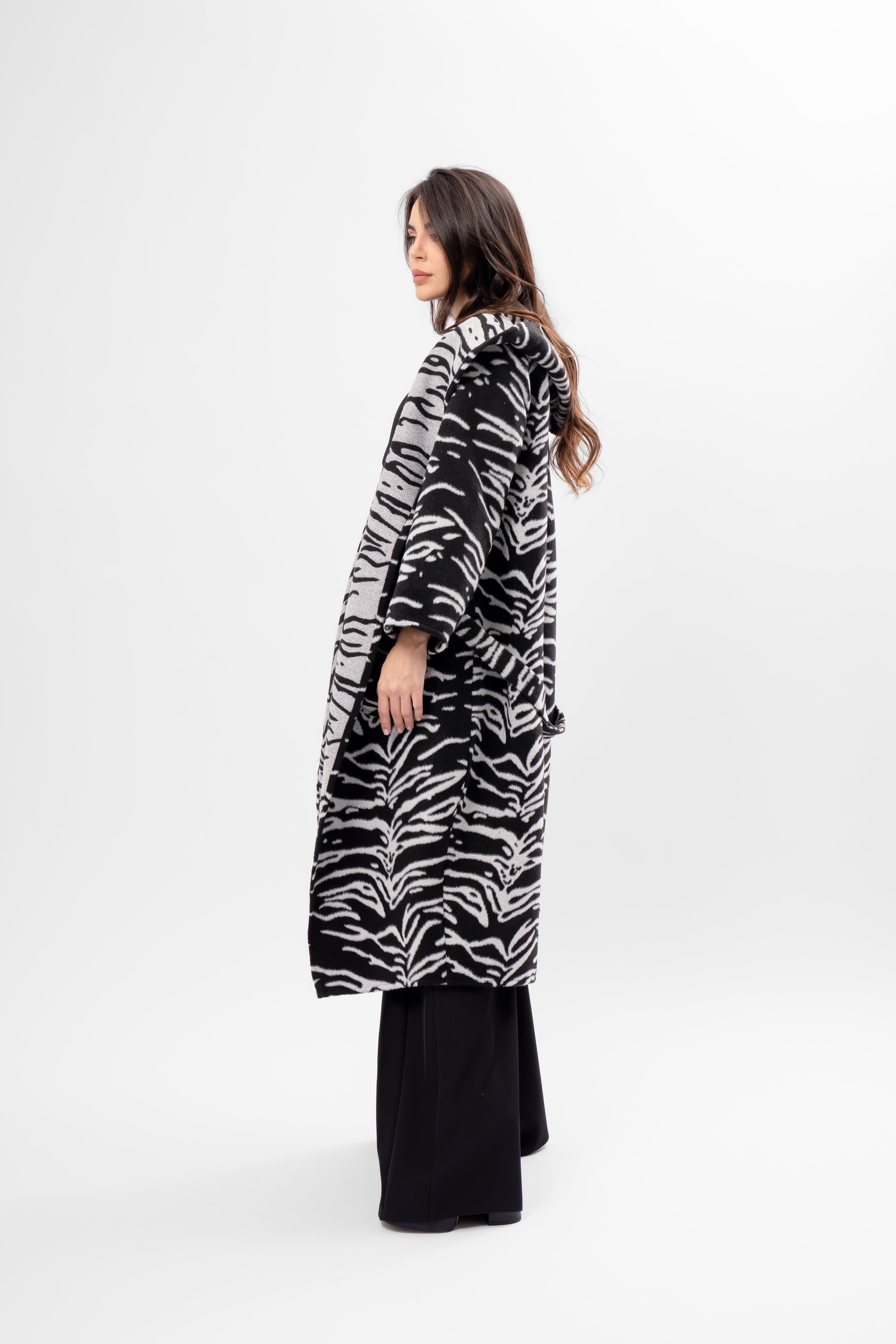 Long Hooded Coat with Zebra Print