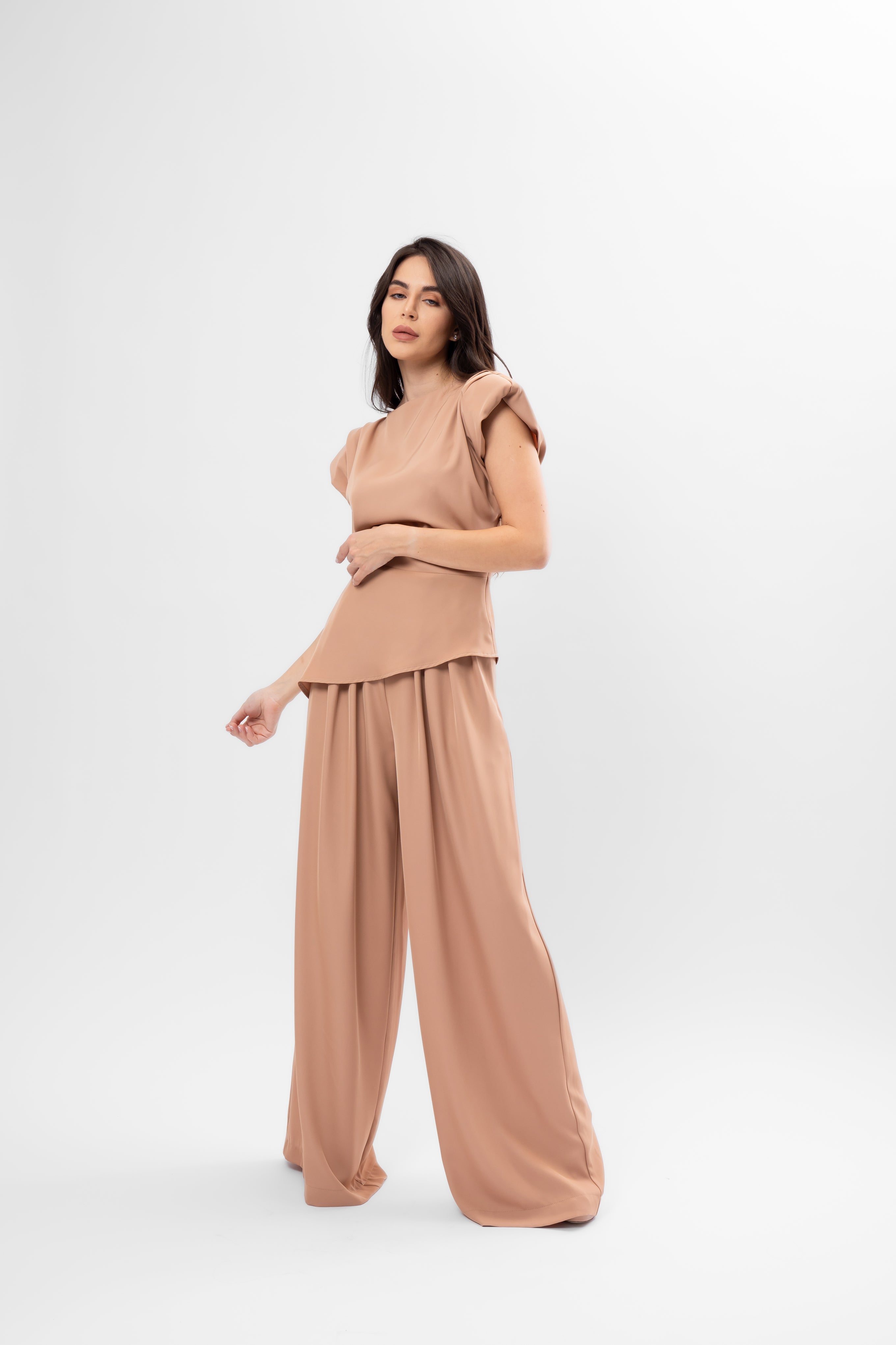 Set Bej Caramel cu Top și Pantaloni Palazzo