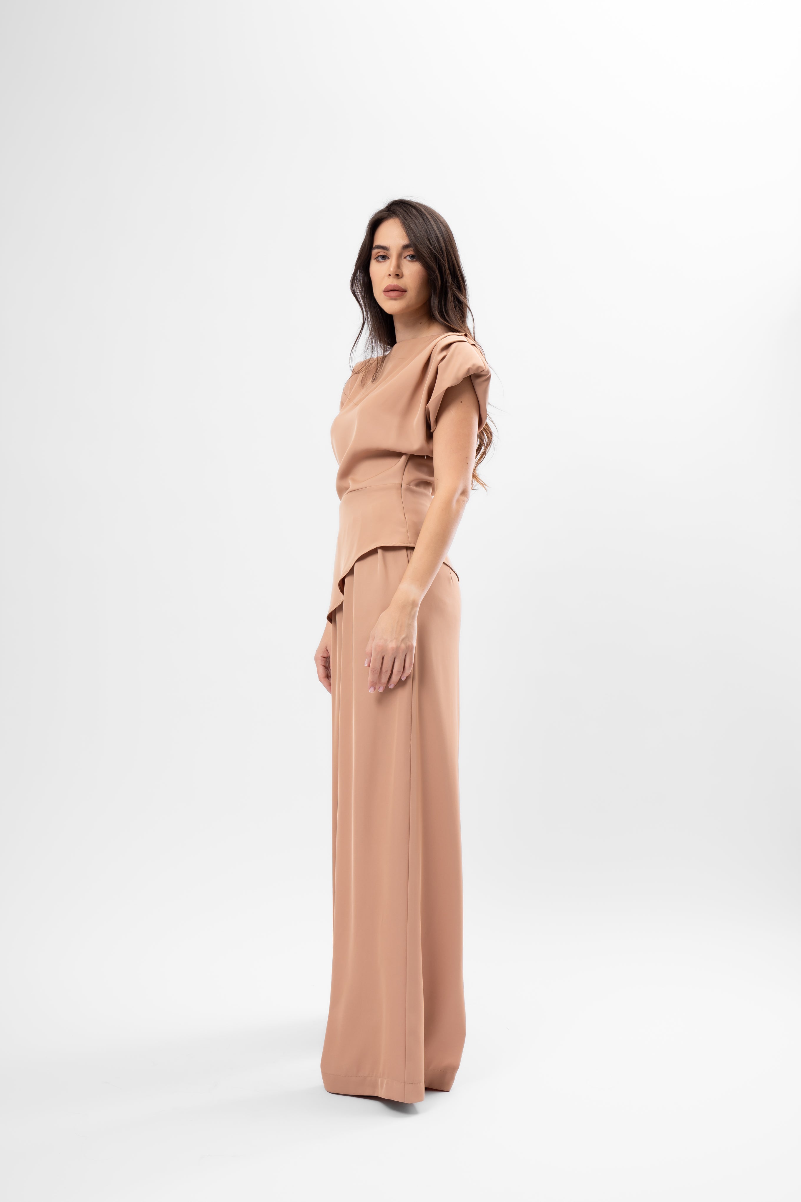 Set Bej Caramel cu Top și Pantaloni Palazzo