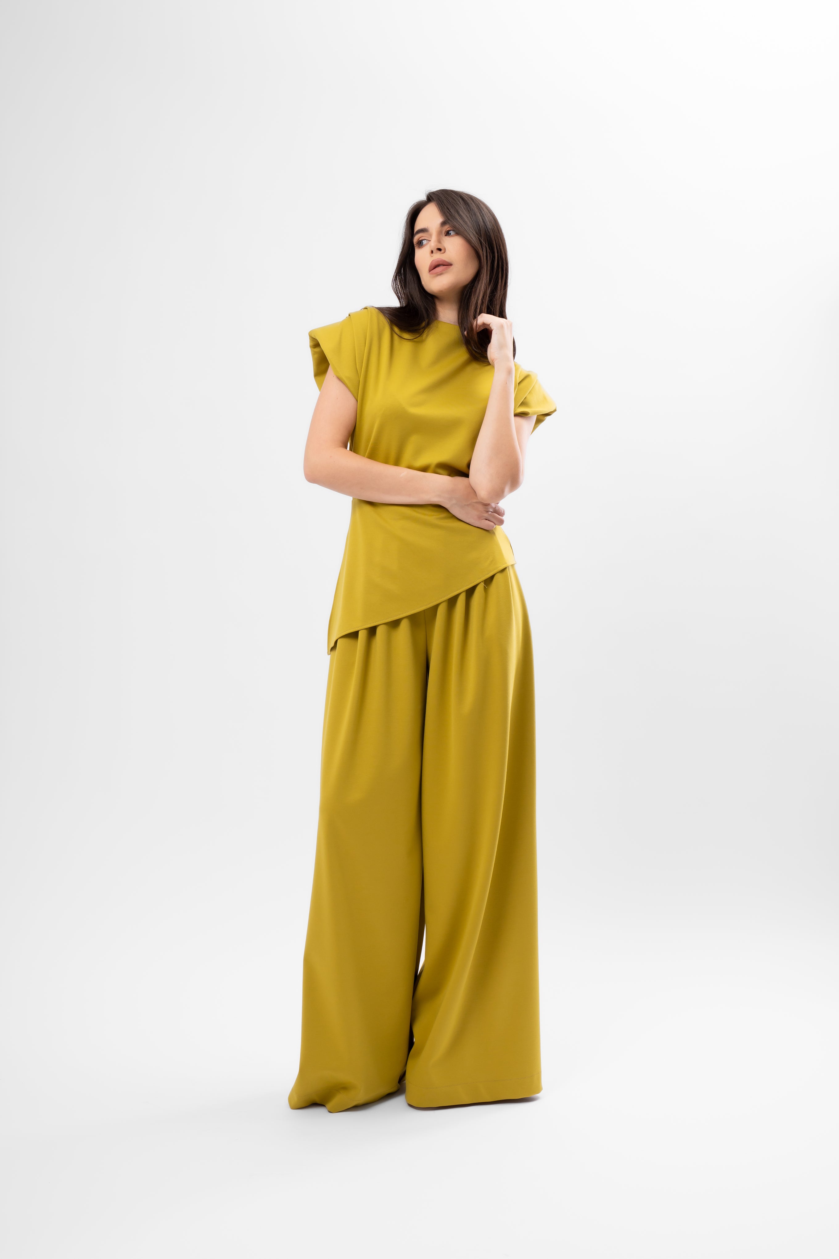 Lime Set with Structured Shoulder Top and Palazzo Pants