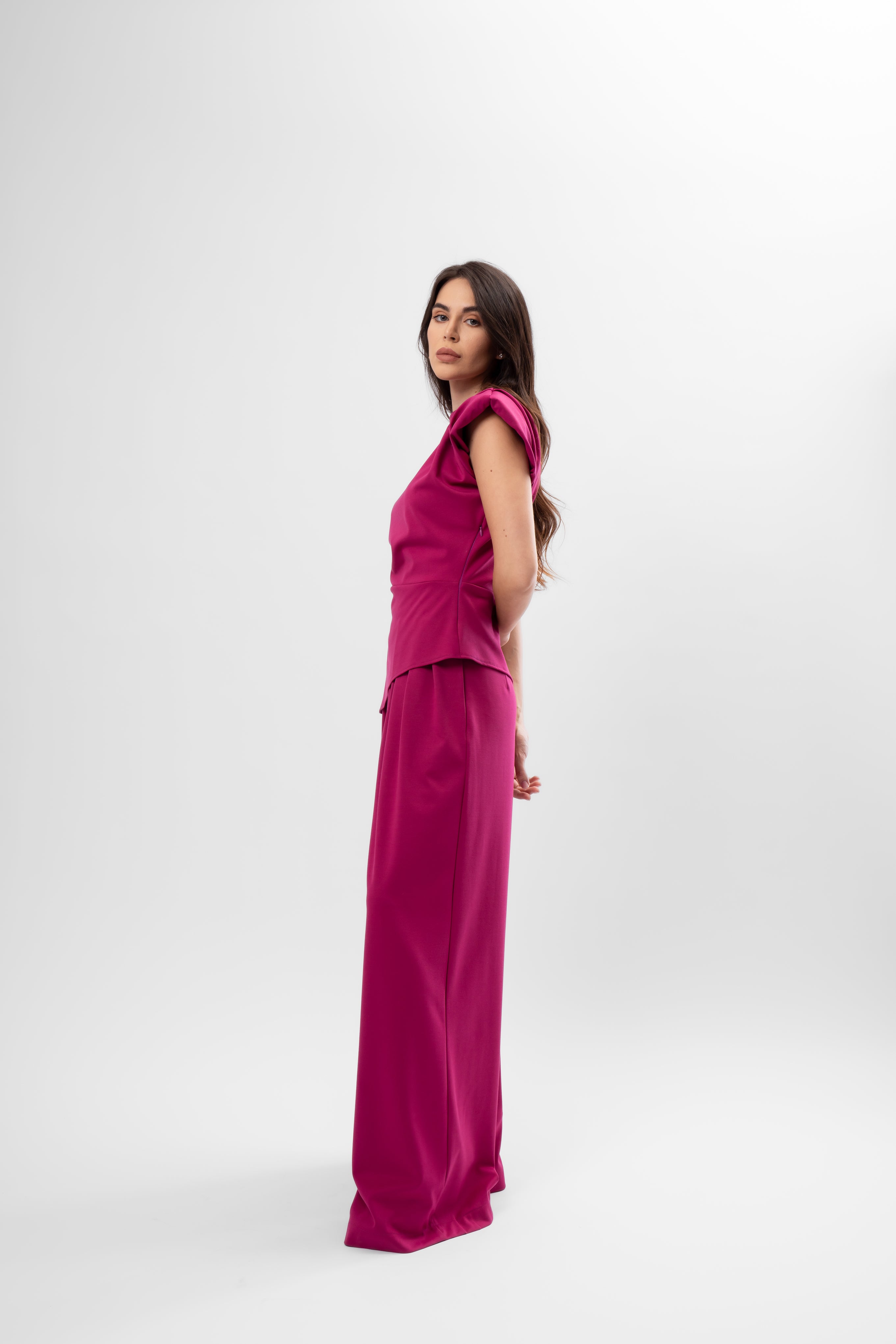 Fuchsia Set with Structured Shoulder Top and Palazzo Pants