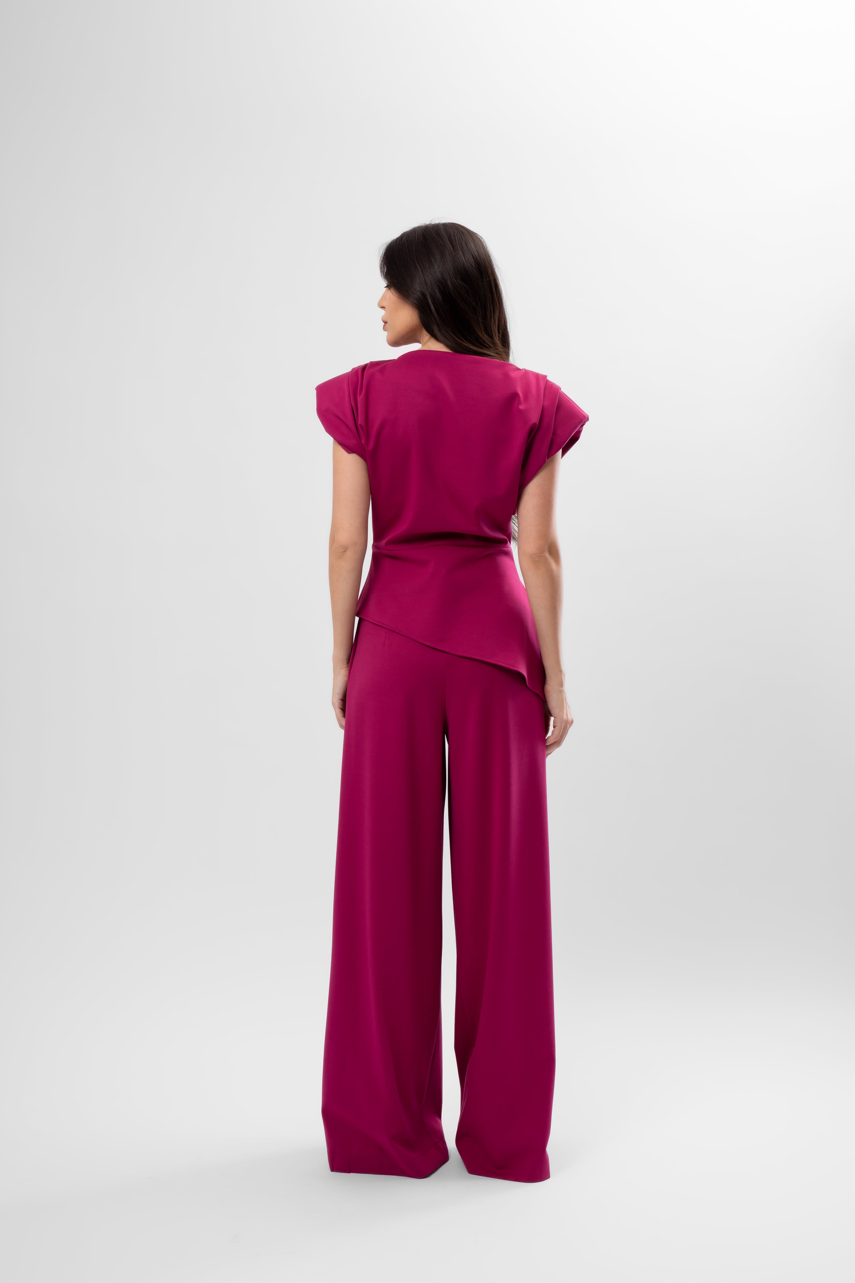 Fuchsia Set with Structured Shoulder Top and Palazzo Pants