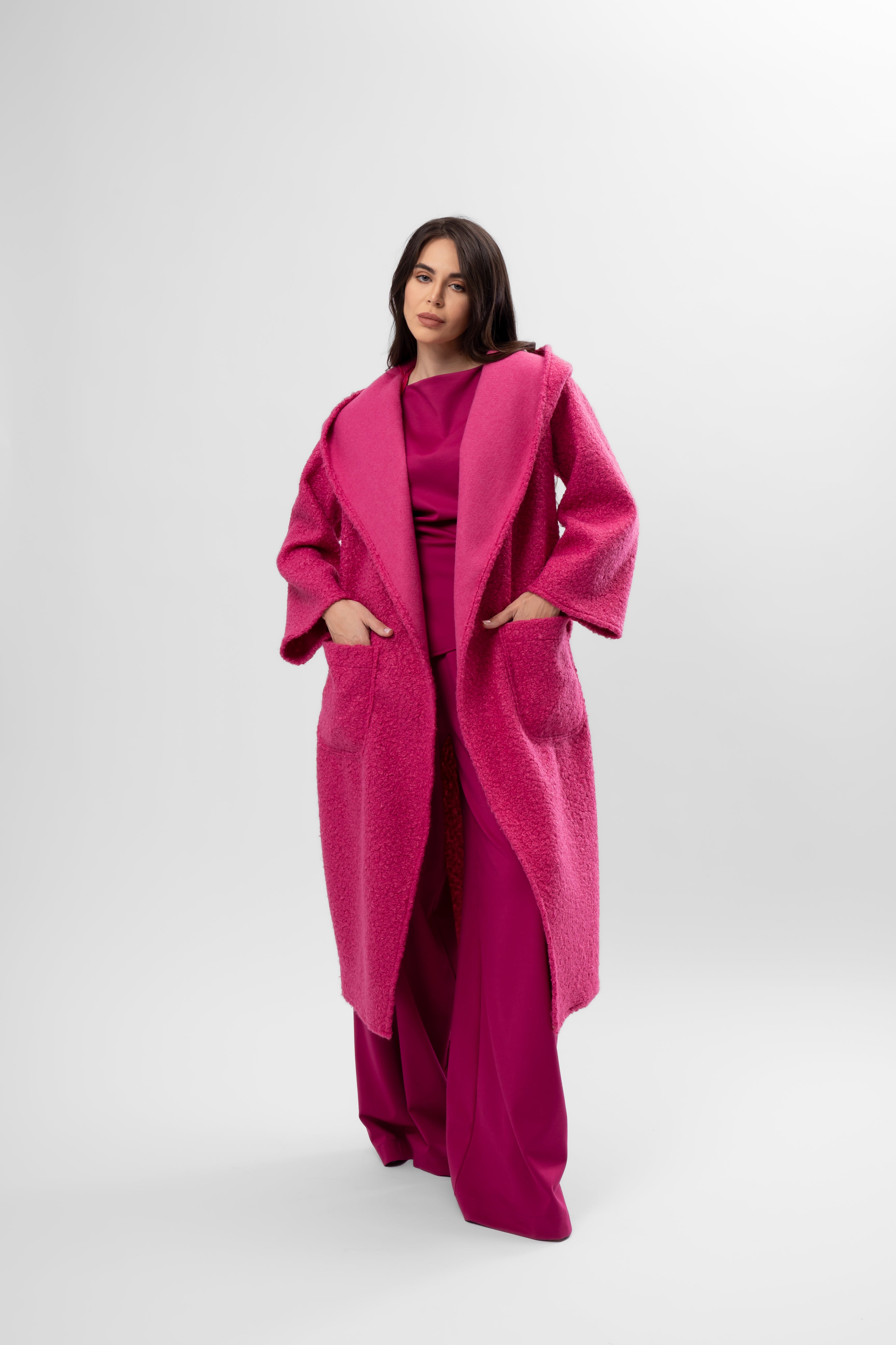 Long Textured Coat with Hood and Belt – Fuchsia