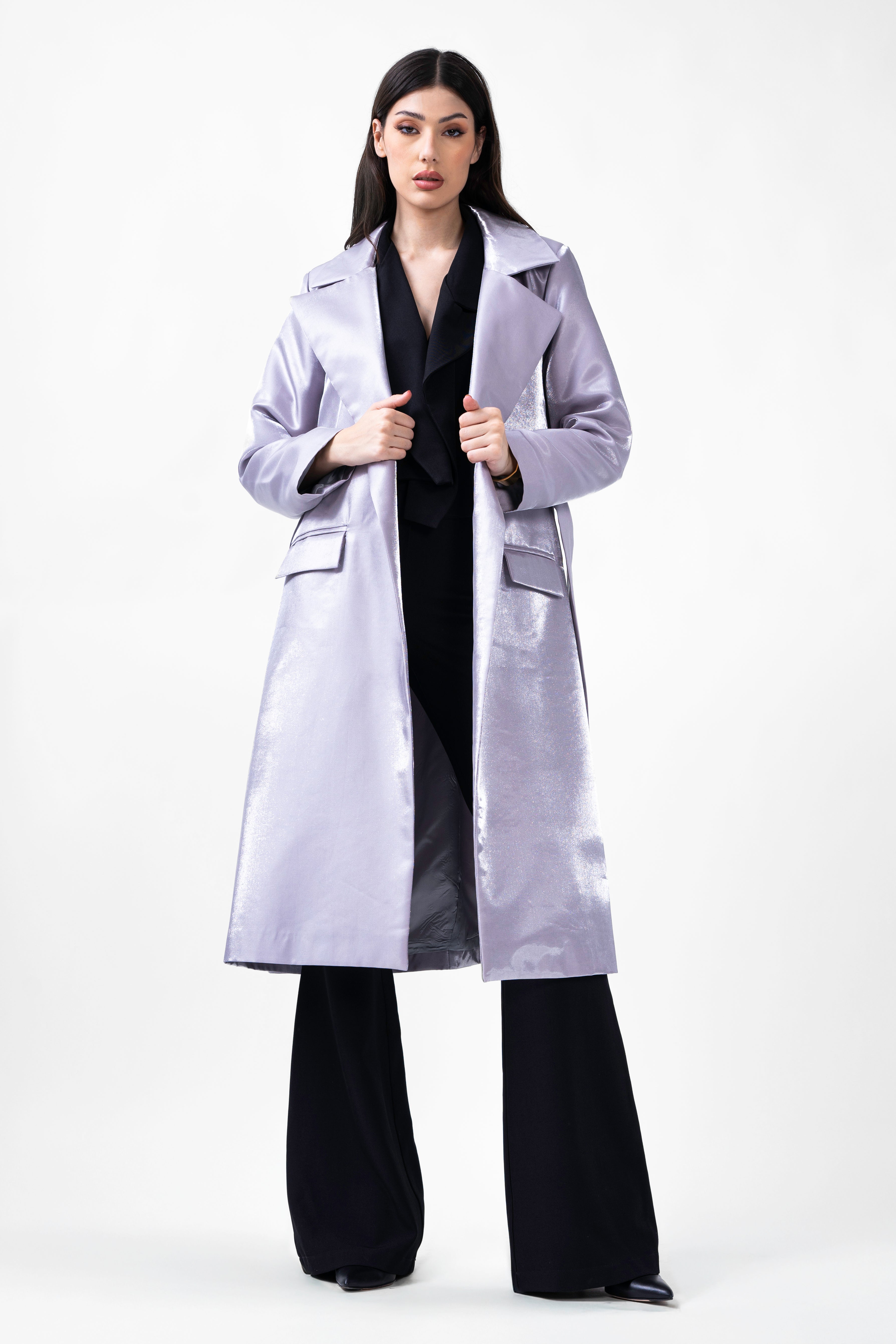 Palton drept cu cordon in talie gri metalizat