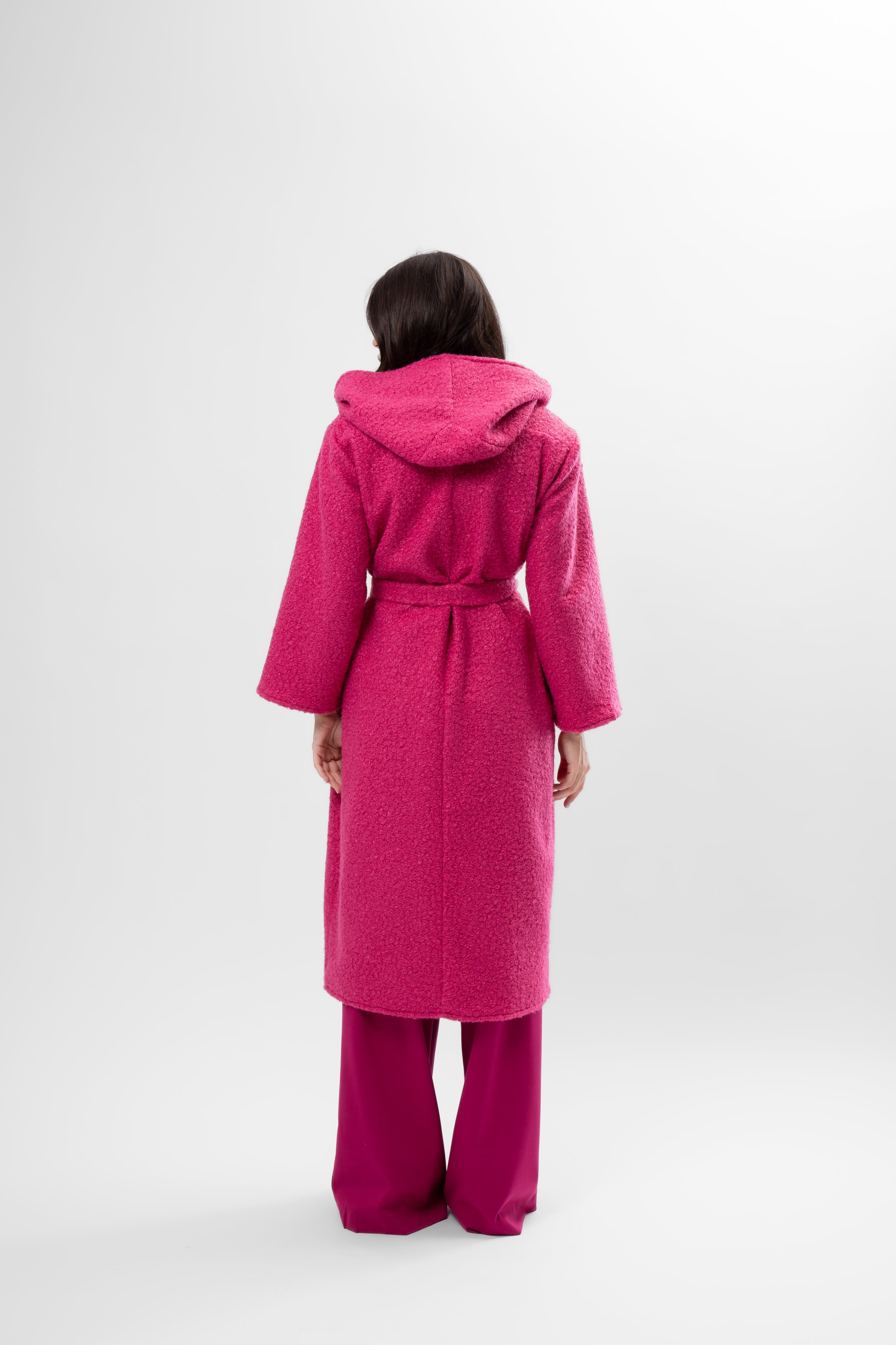 Long Textured Coat with Hood and Belt – Fuchsia