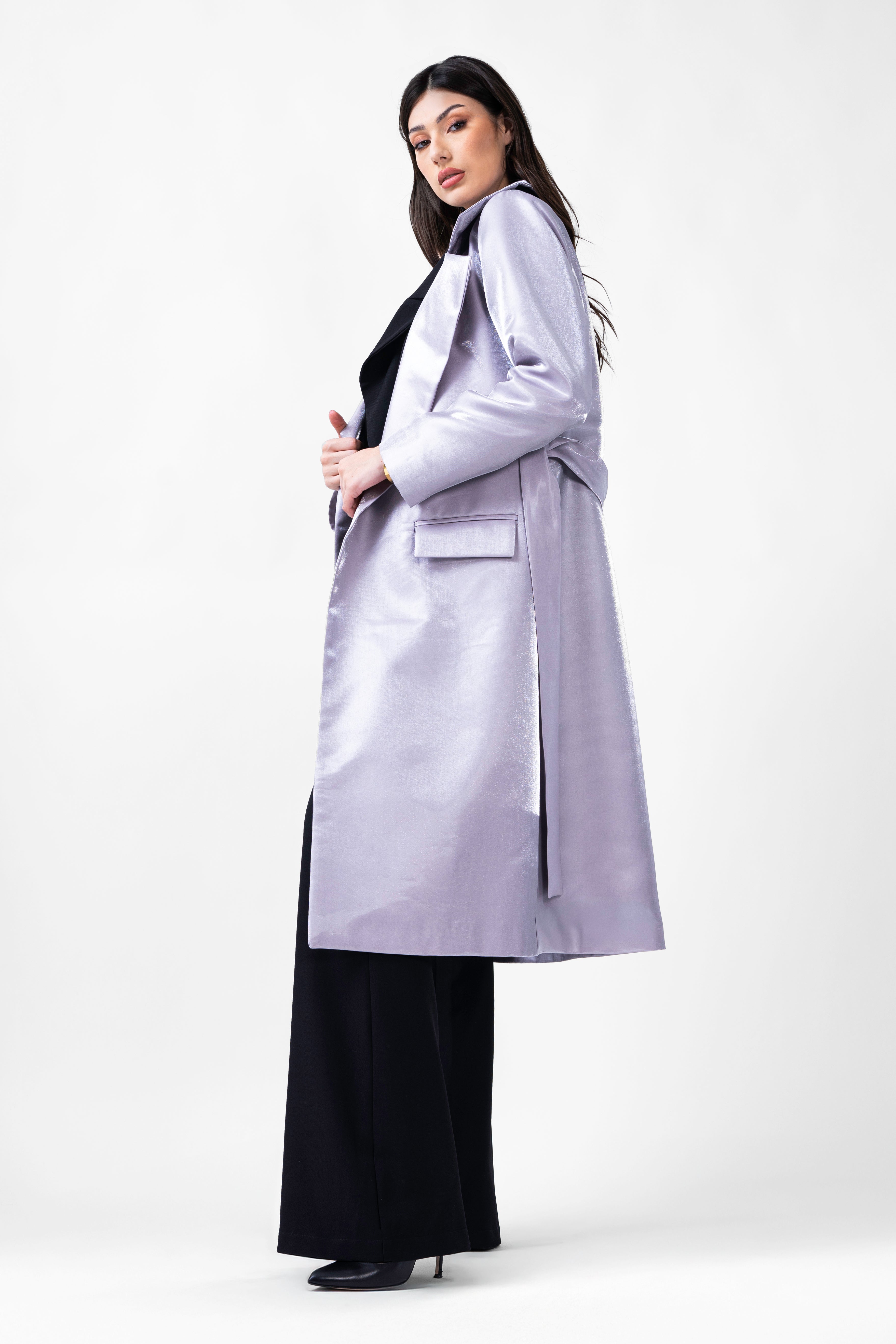 Palton drept cu cordon in talie gri metalizat