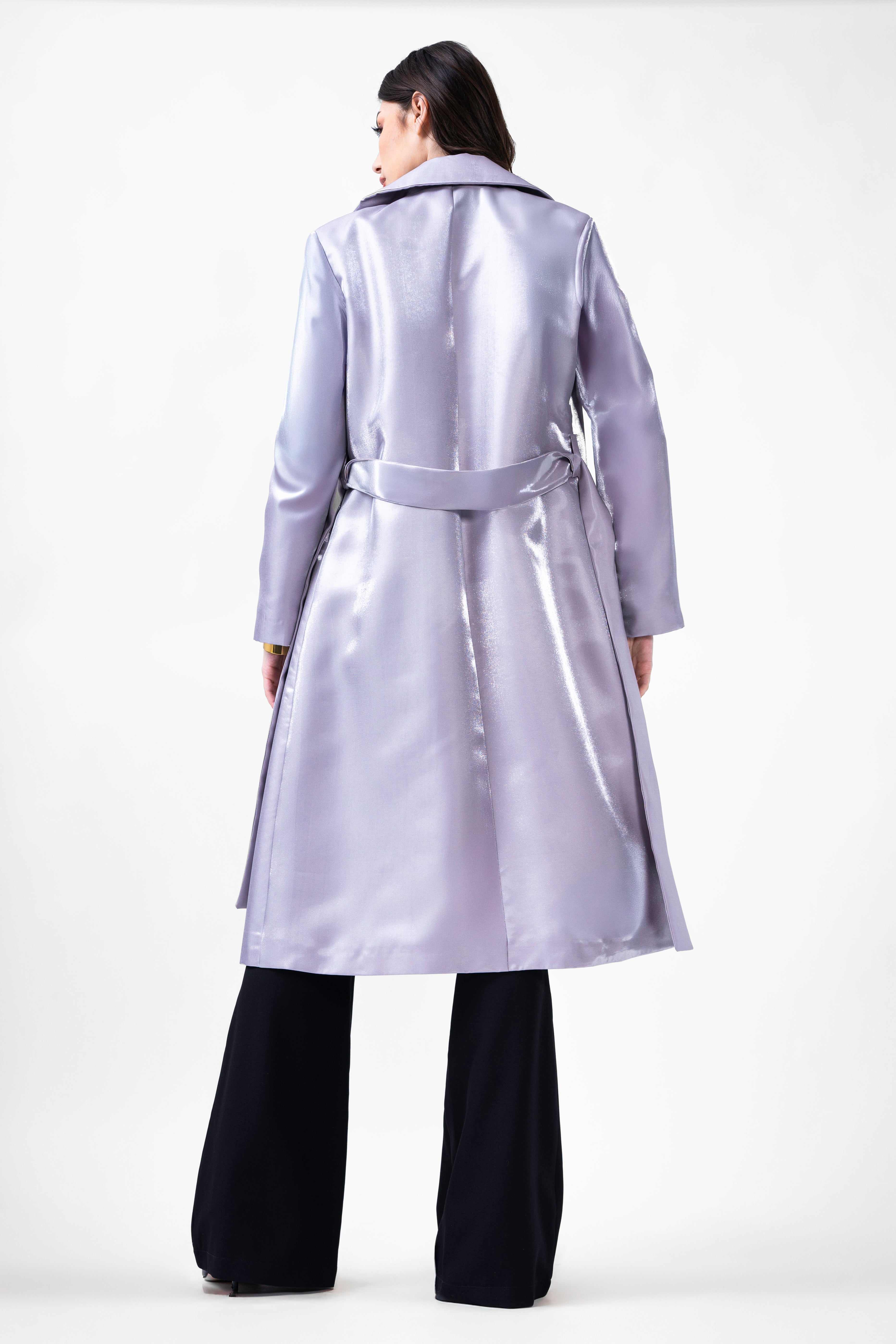 Metallic Grey Straight Overcoat With Belt