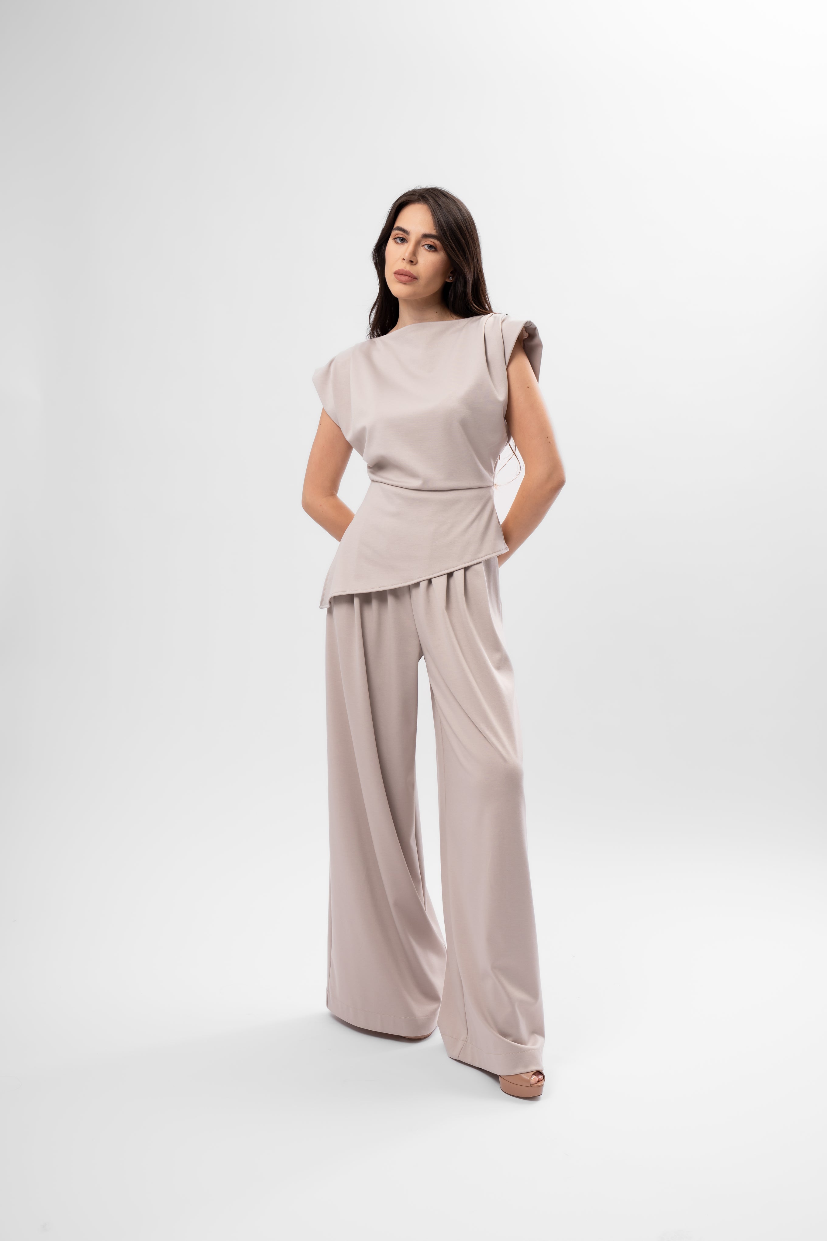 Beige Set with Structured Shoulder Top and Palazzo Pants
