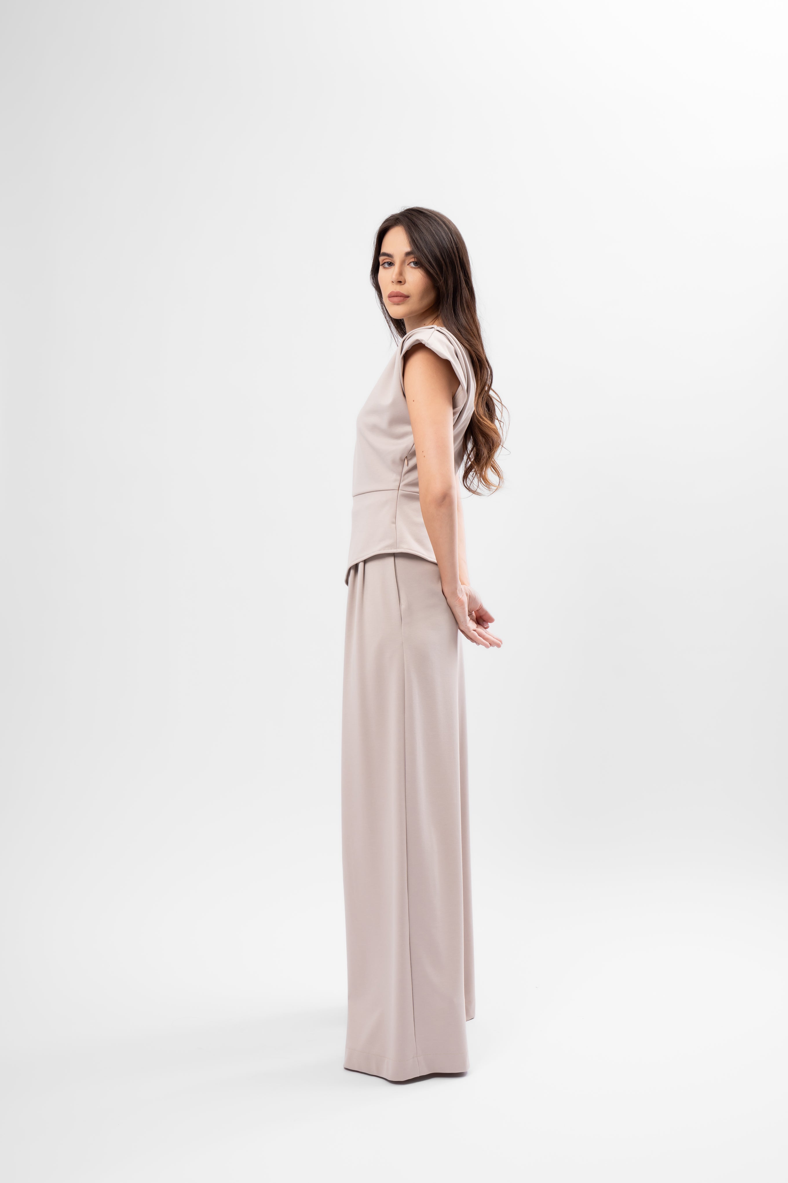Beige Set with Structured Shoulder Top and Palazzo Pants
