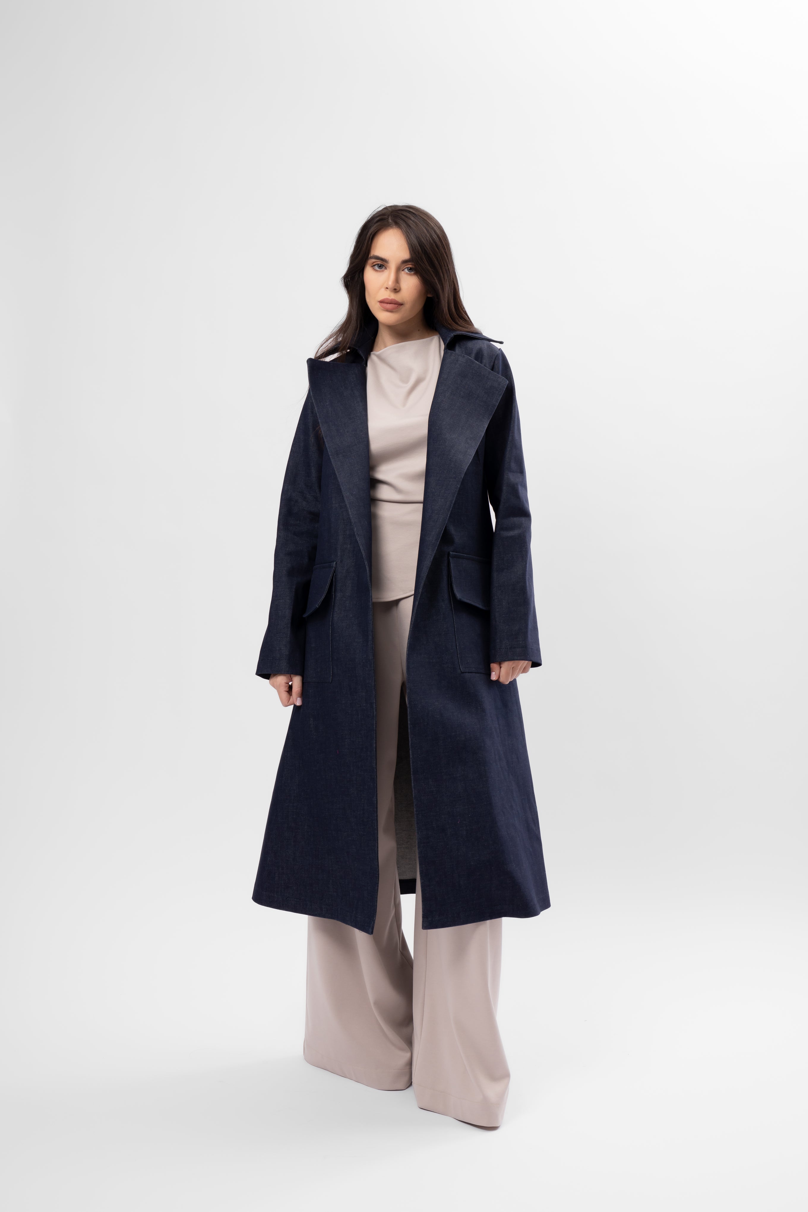 Long Navy Denim Trench Coat