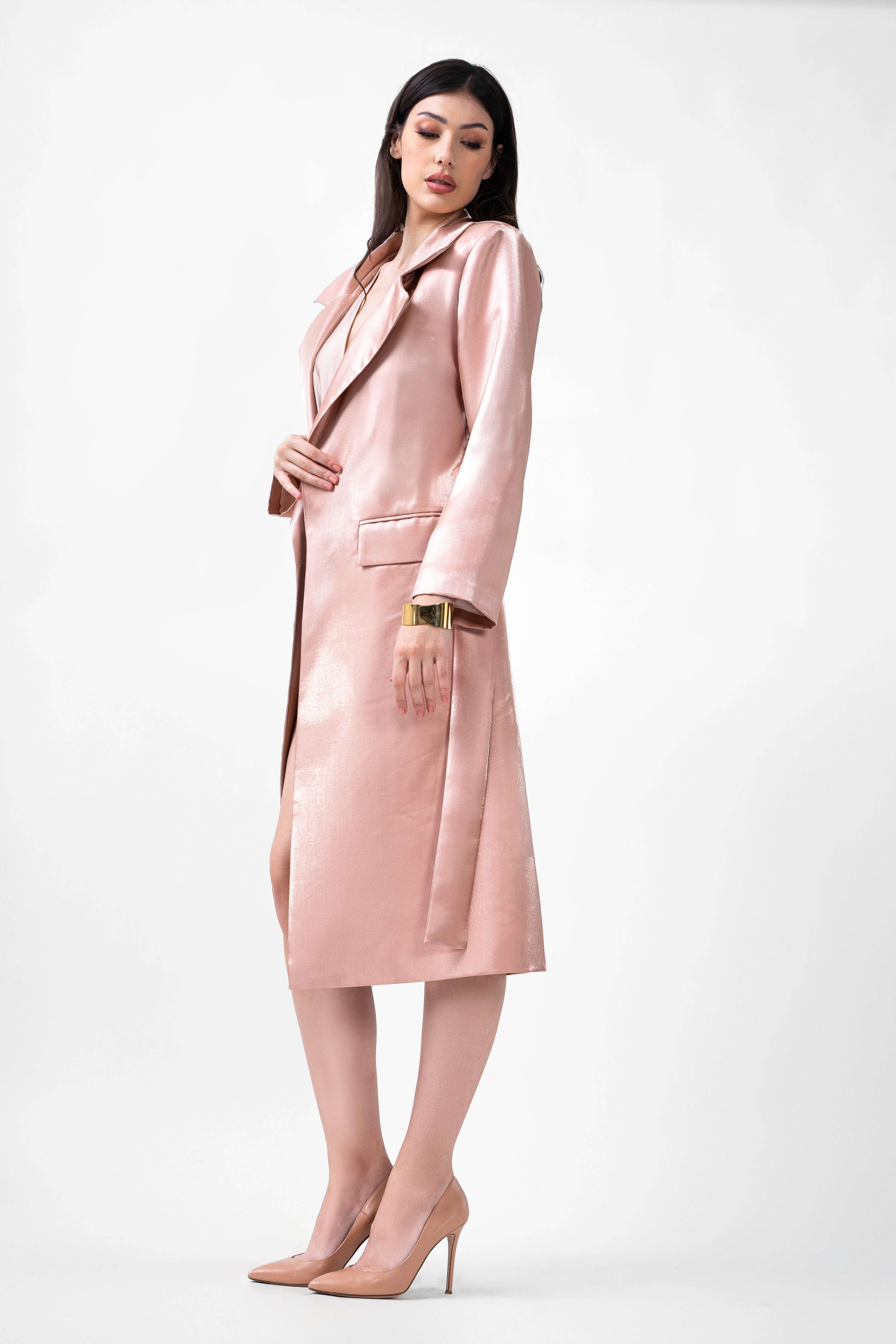 Palton drept cu cordon in talie bej metalizat