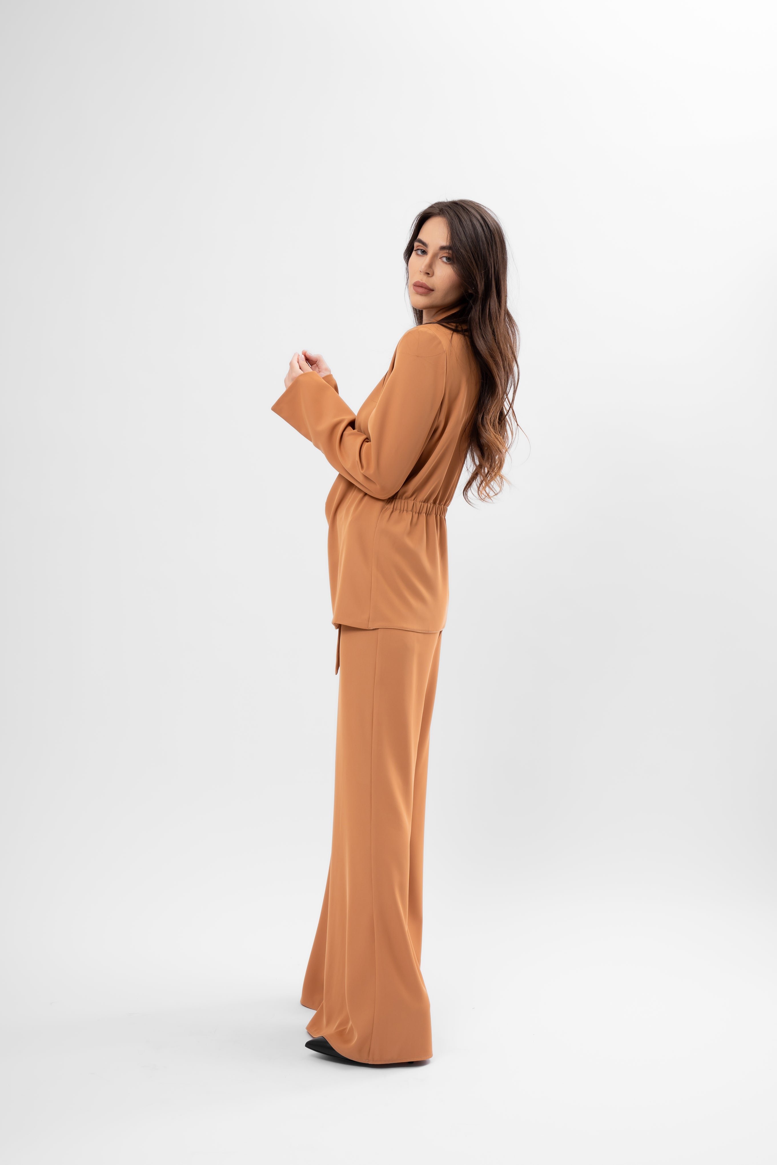 Caramel Set with Wrap Blazer and Flared Trousers