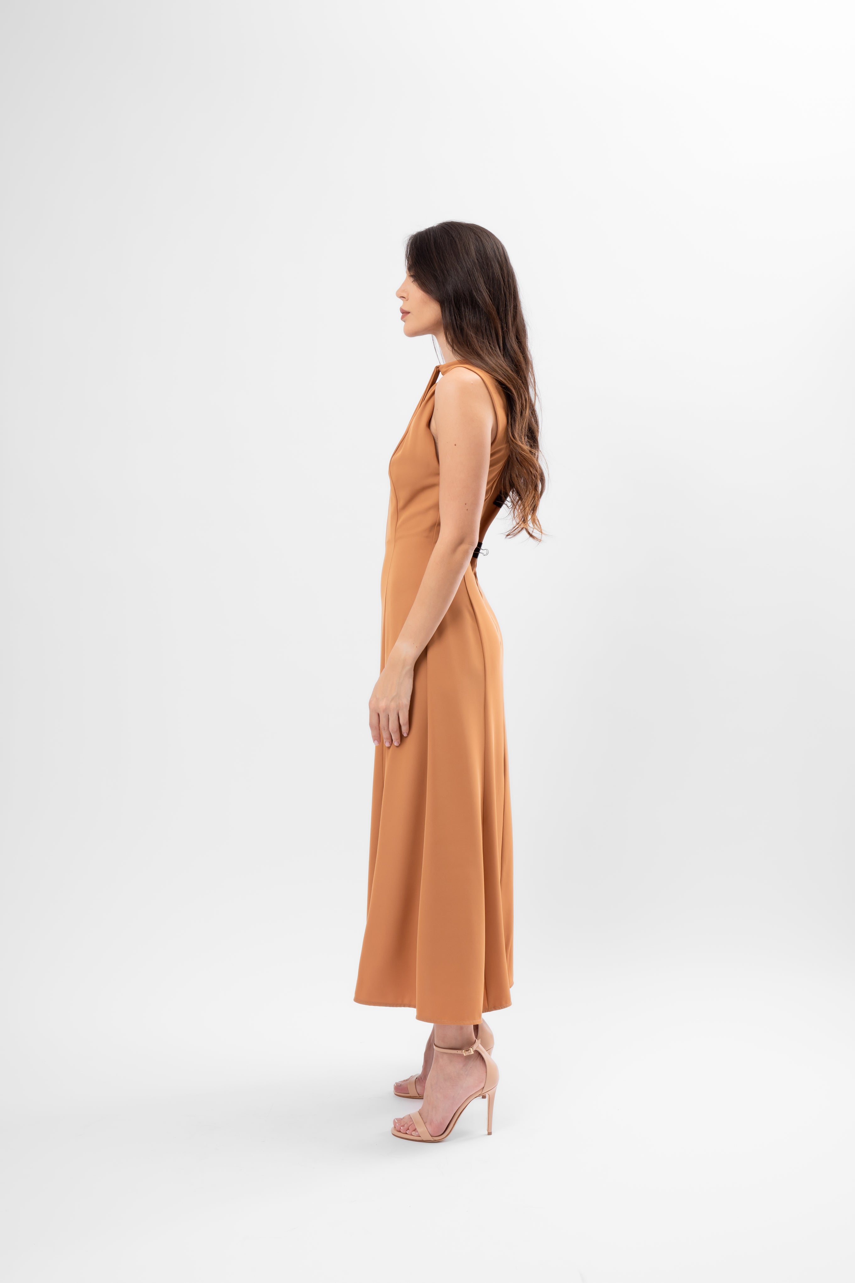 Camel midi dress with V-neckline and knotted straps