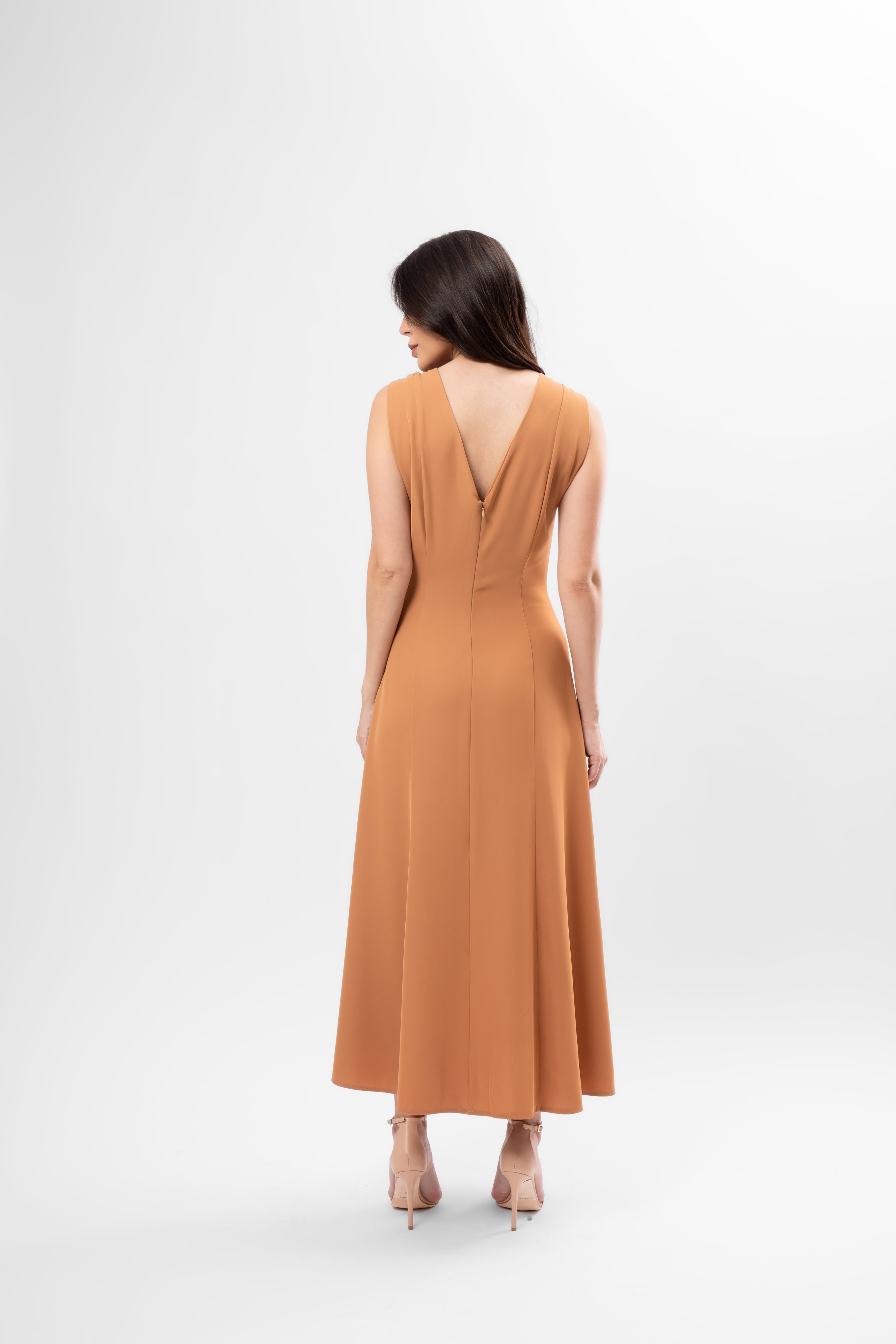 Camel midi dress with V-neckline and knotted straps