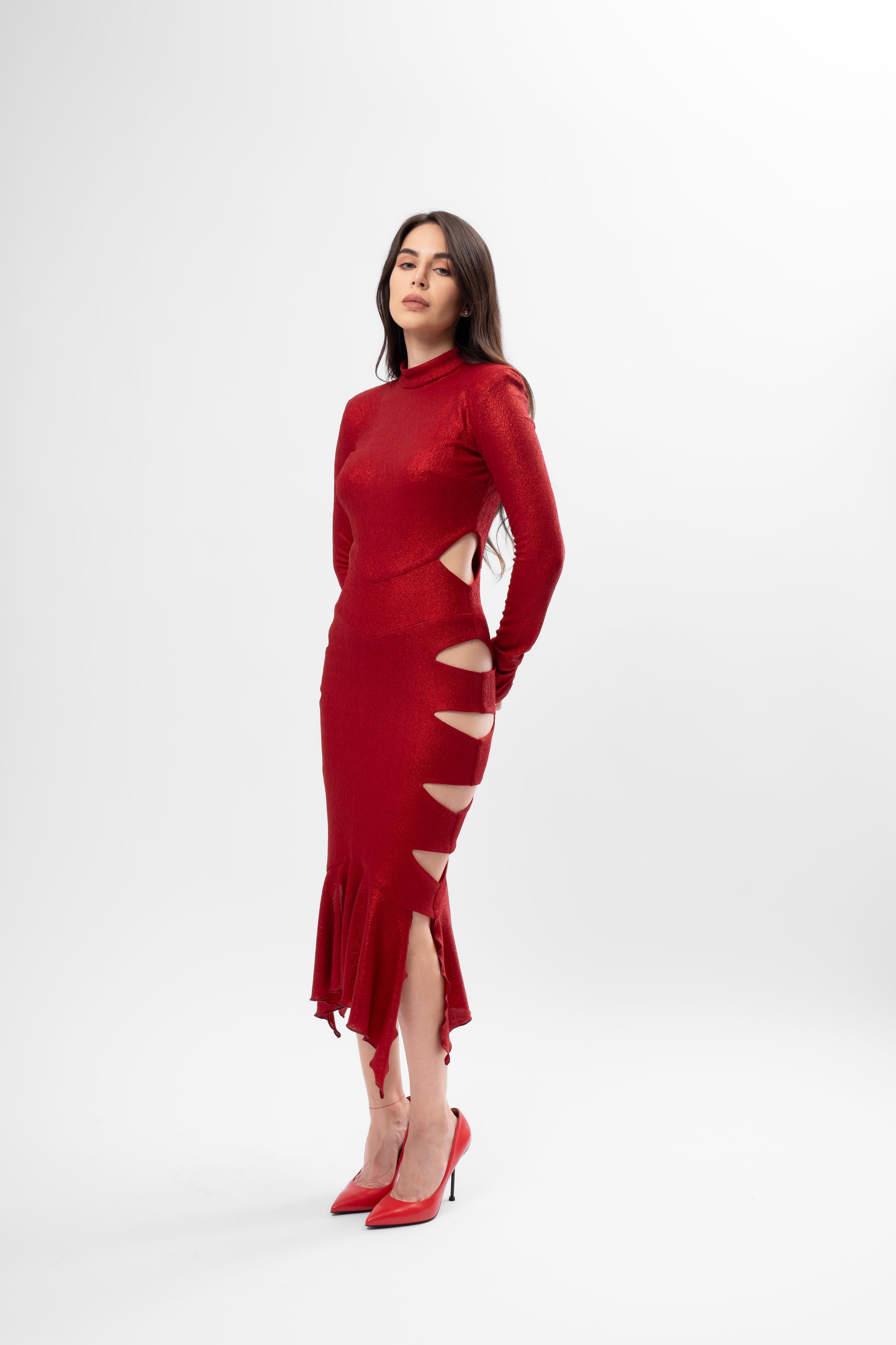 Metallic Red Midi Dress with Cut-Outs and Asymmetric Ruffle Hem