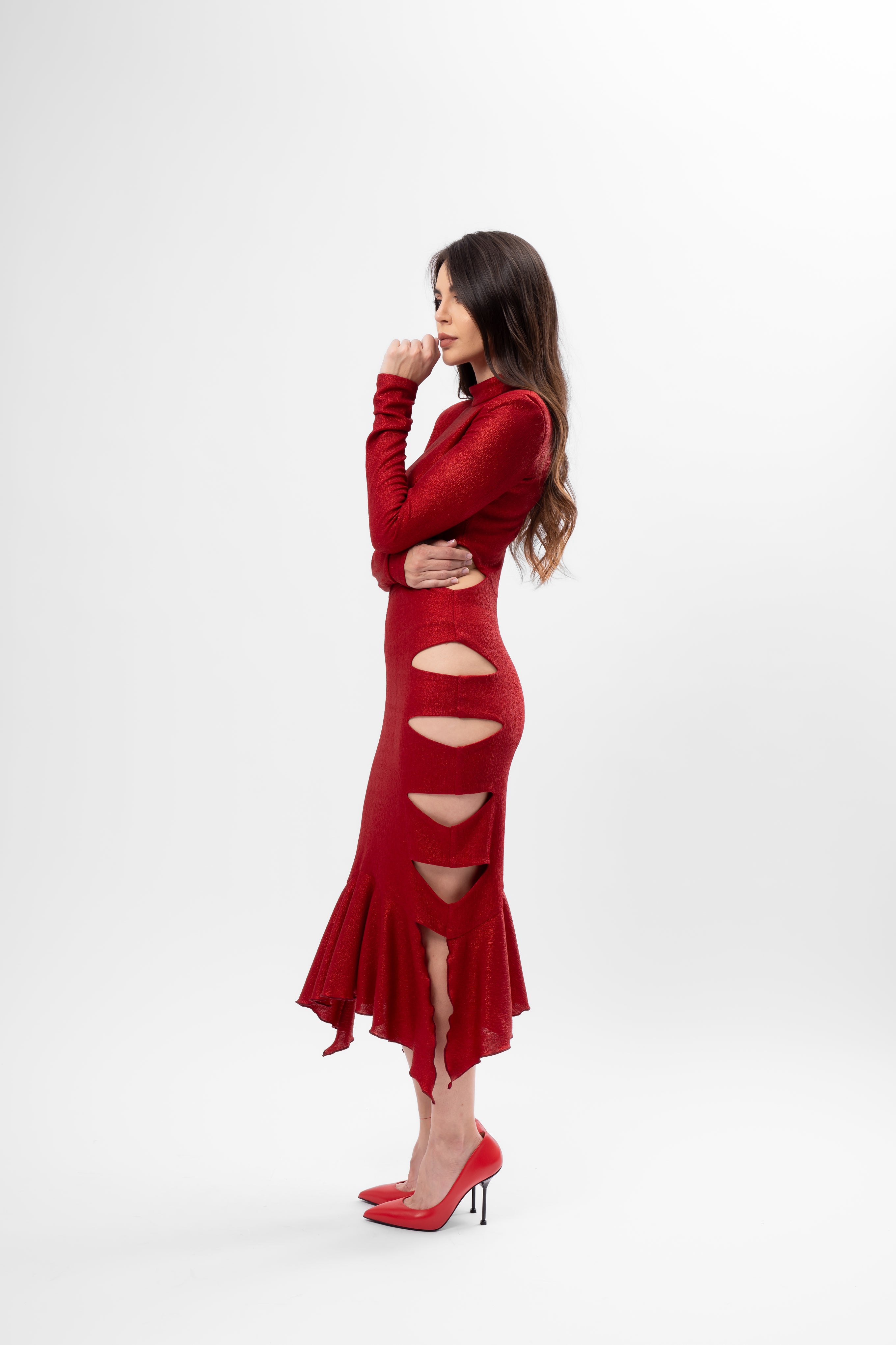 Metallic Red Midi Dress with Cut-Outs and Asymmetric Ruffle Hem