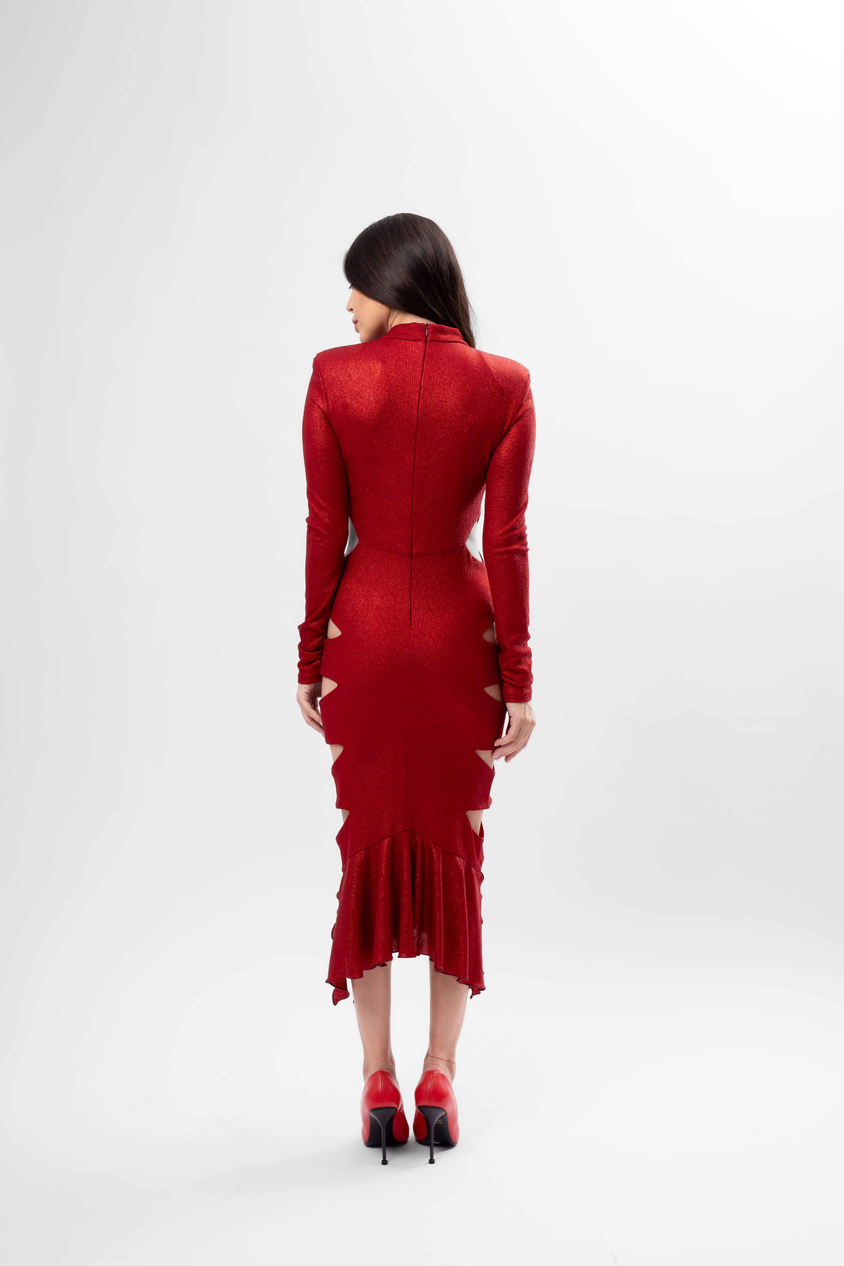 Metallic Red Midi Dress with Cut-Outs and Asymmetric Ruffle Hem