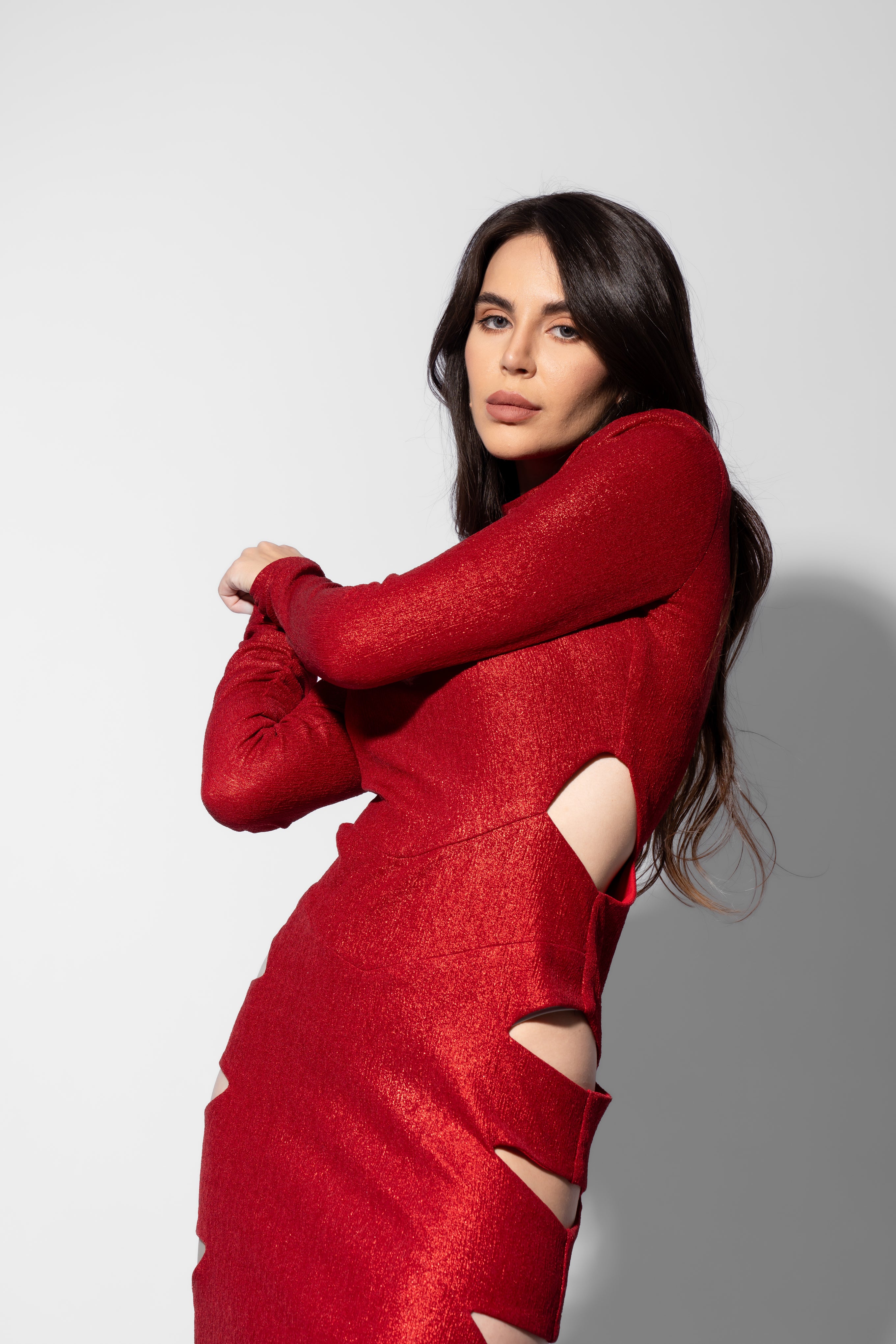 Metallic Red Midi Dress with Cut-Outs and Asymmetric Ruffle Hem