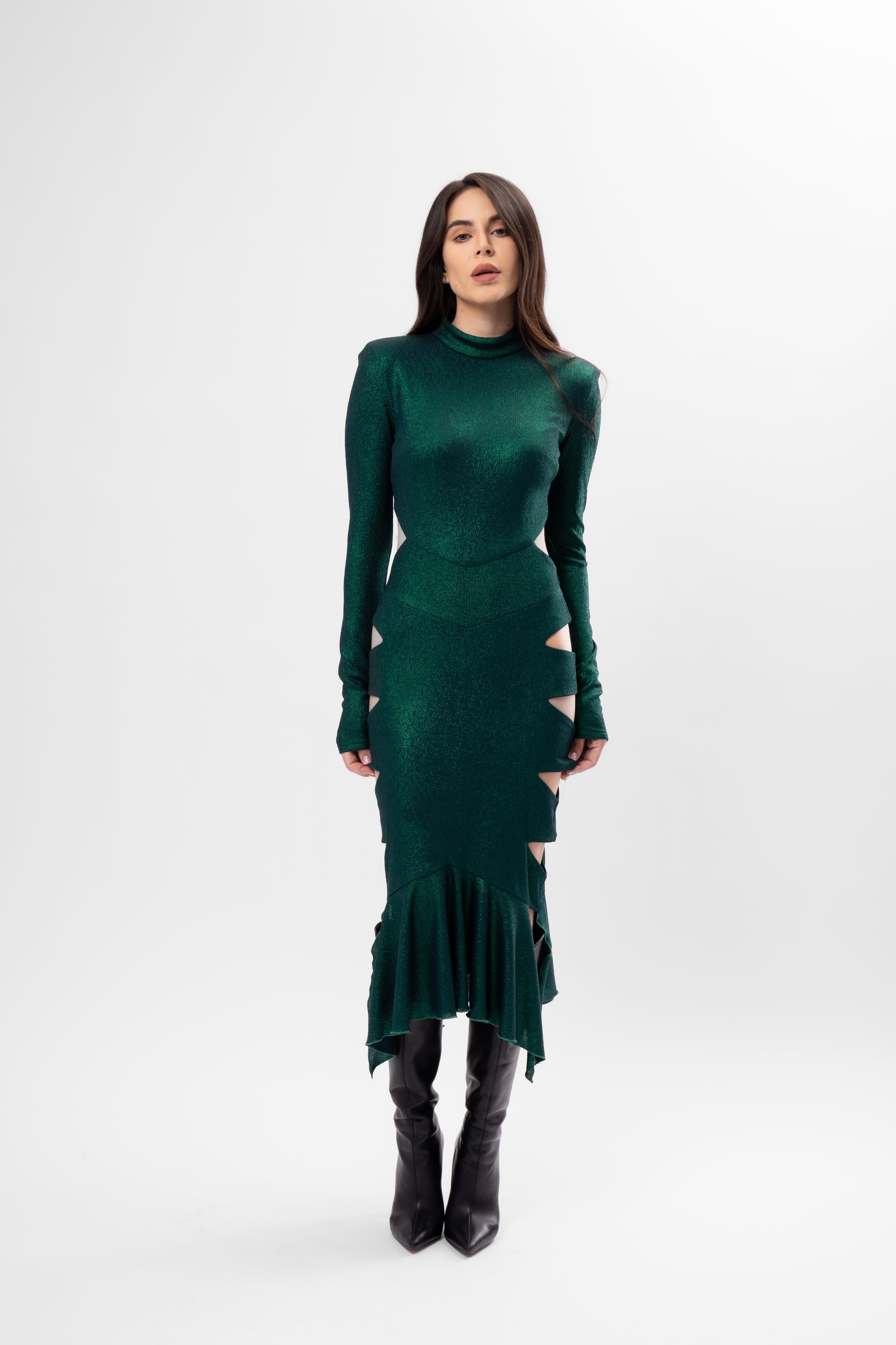 Emerald Green Metallic Midi Dress with Cut-Outs and Asymmetric Ruffle Hem